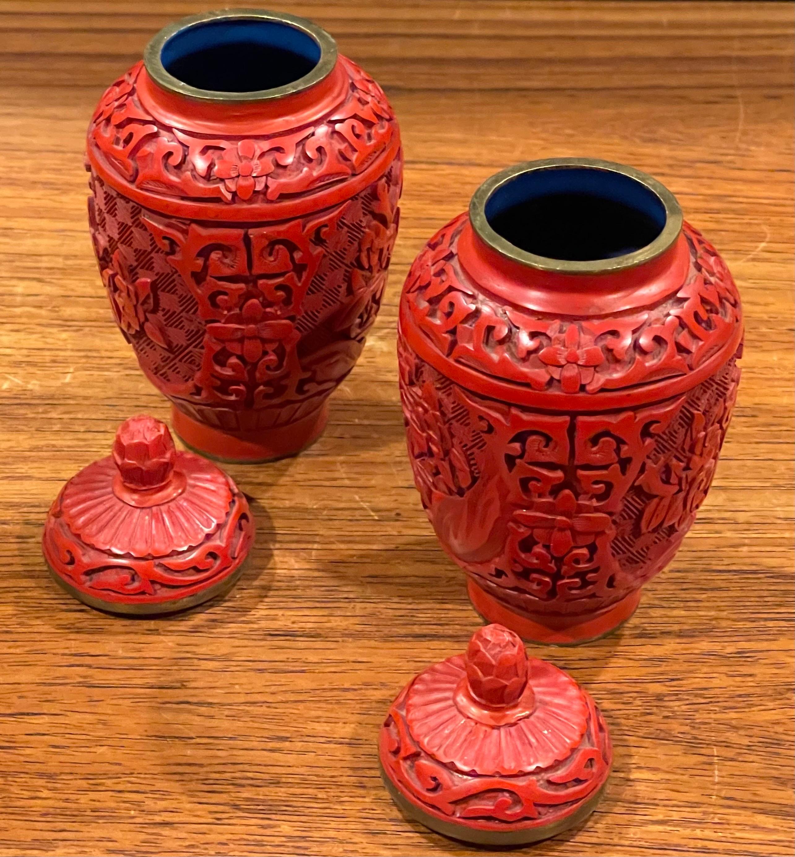 Pair of Chinese Petite Mirror Image Cinnabar Lacquered Temple Jars 1