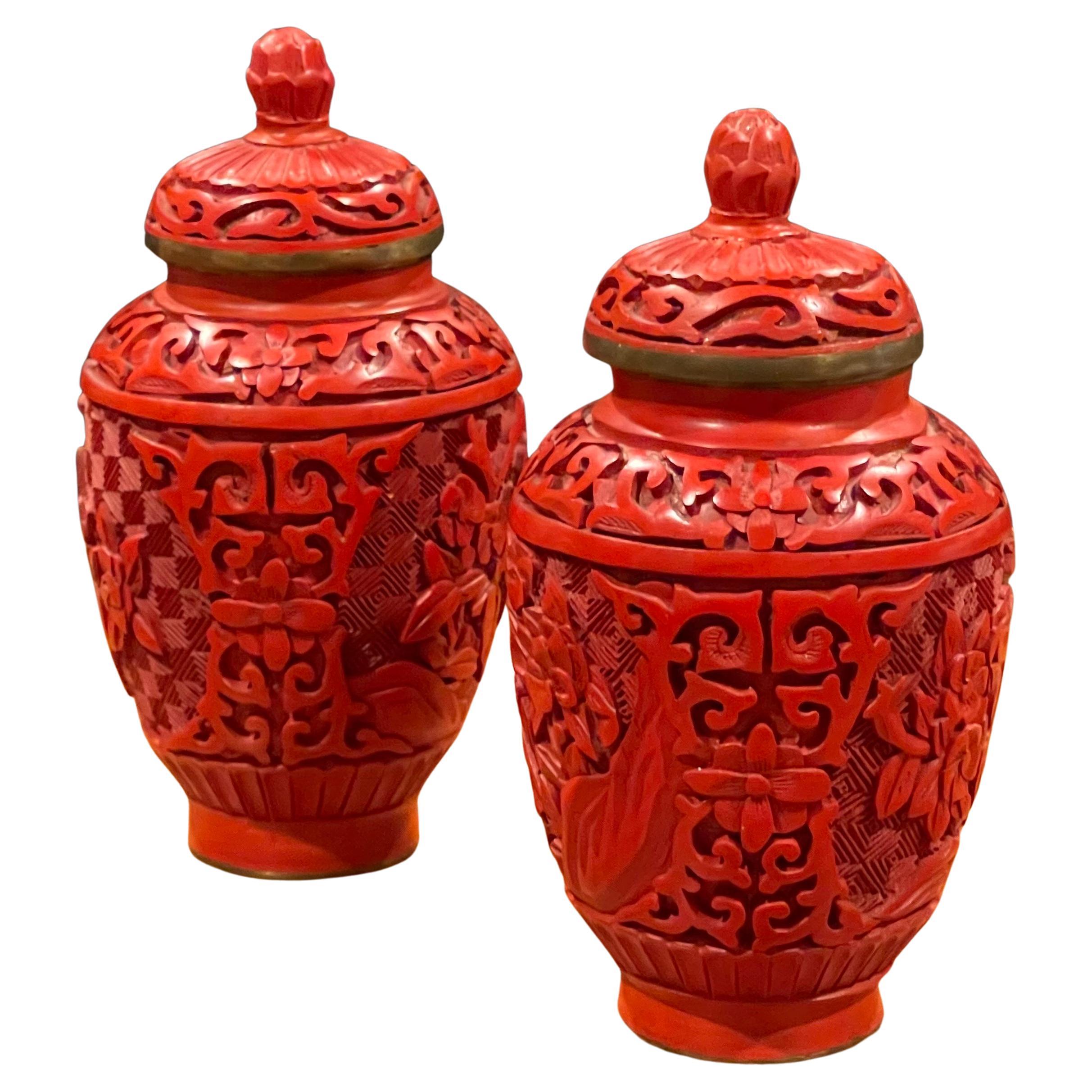 Pair of Chinese Petite Mirror Image Cinnabar Lacquered Temple Jars
