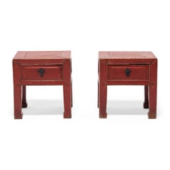 Pair of Chinese Petite Red Lacquer Square Stools, c. 1850