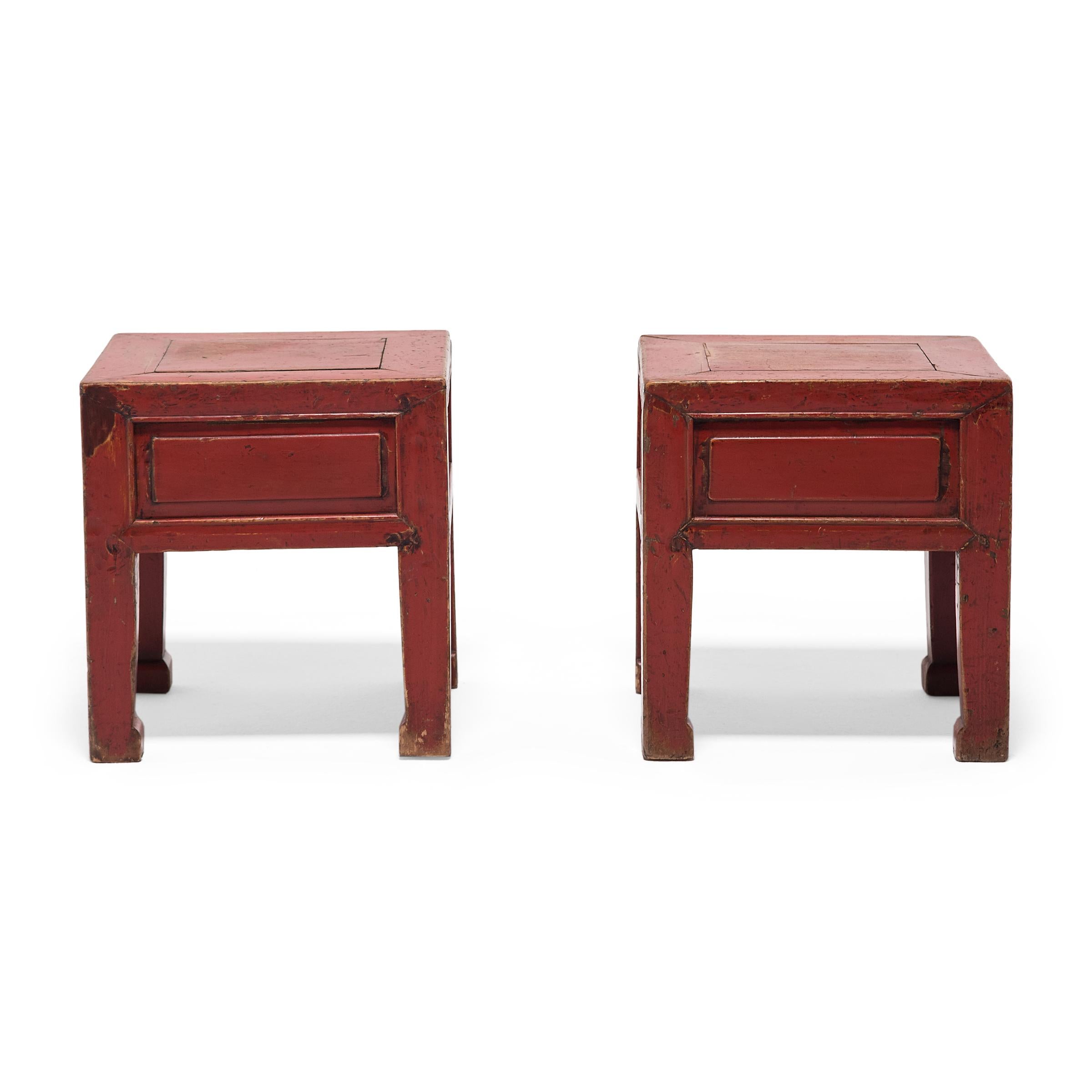 Qing Pair of Chinese Petite Red Lacquer Square Stools, c. 1850