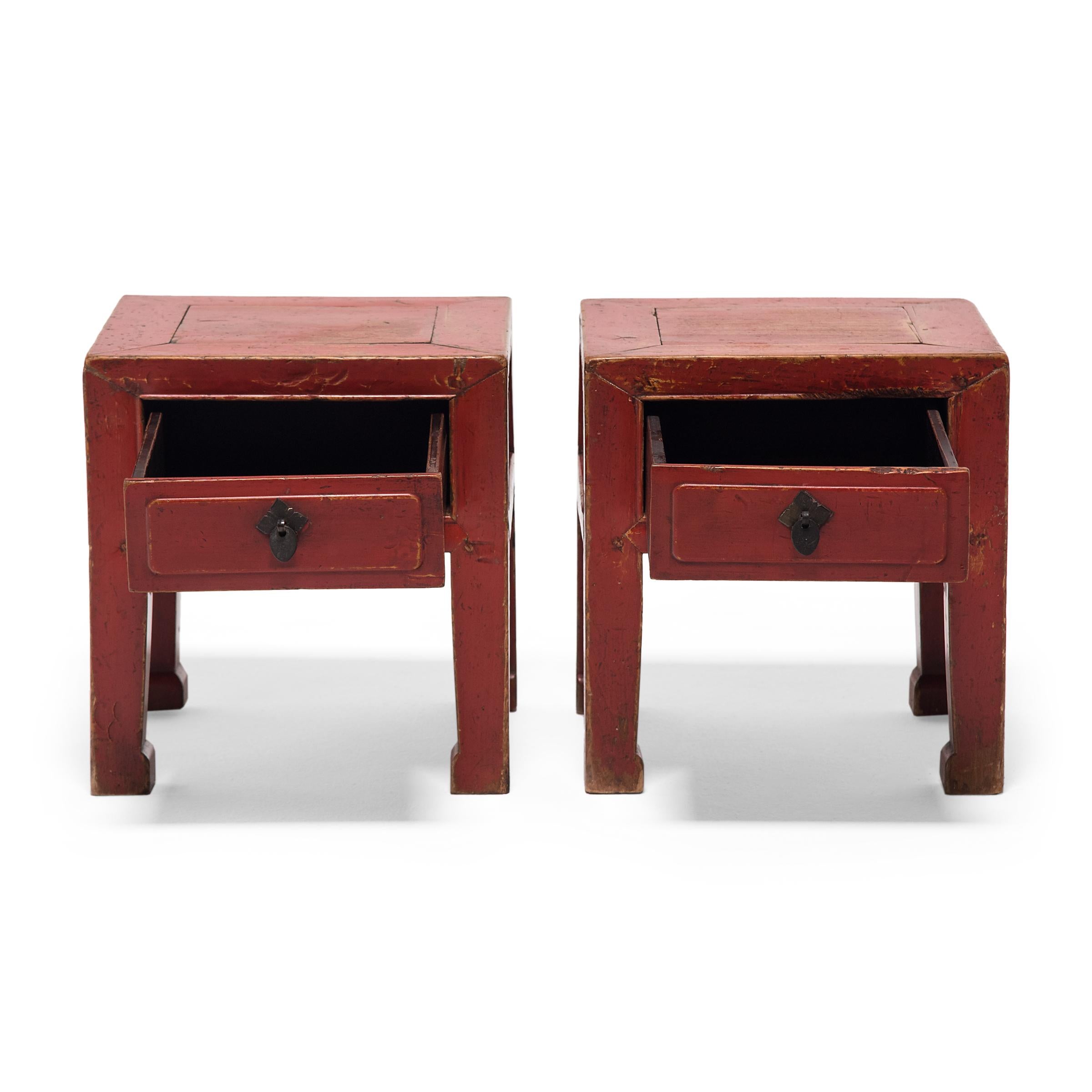 Lacquered Pair of Chinese Petite Red Lacquer Square Stools, c. 1850