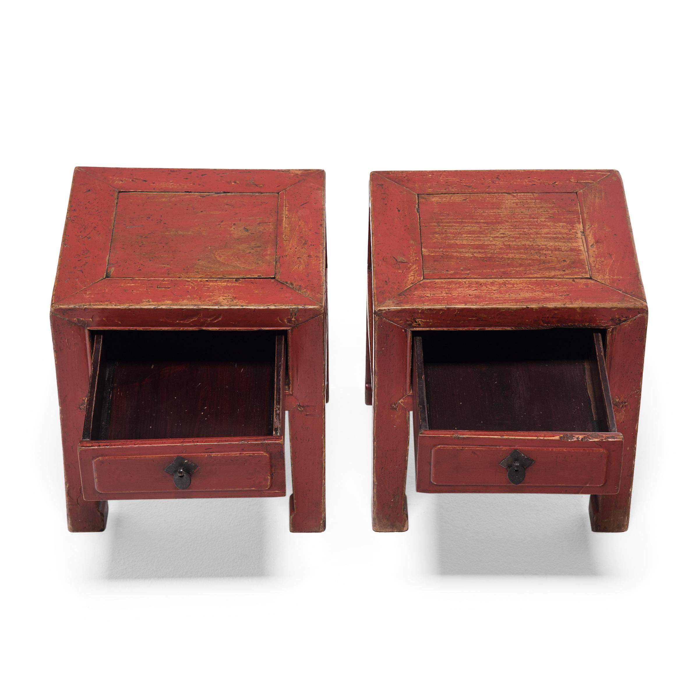 Pair of Chinese Petite Red Lacquer Square Stools, c. 1850 In Good Condition In Chicago, IL