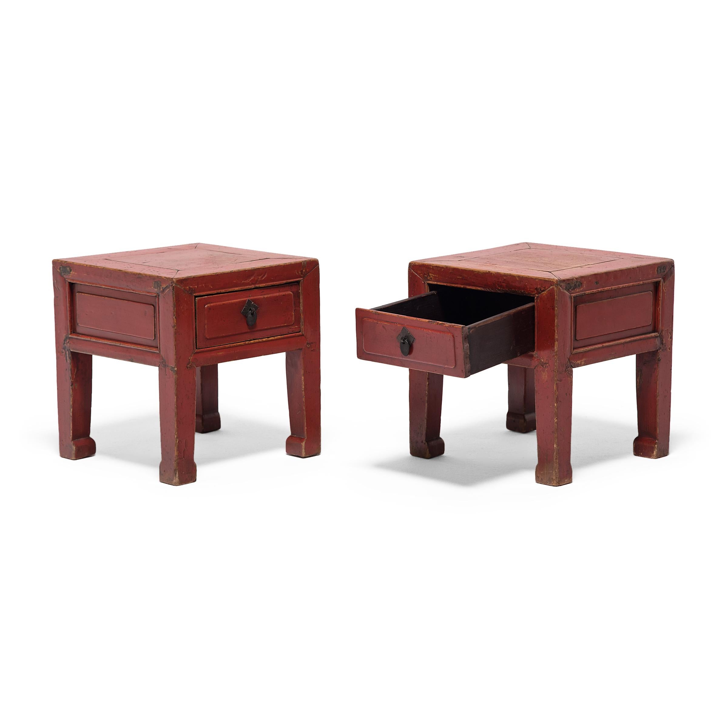 Elm Pair of Chinese Petite Red Lacquer Square Stools, c. 1850