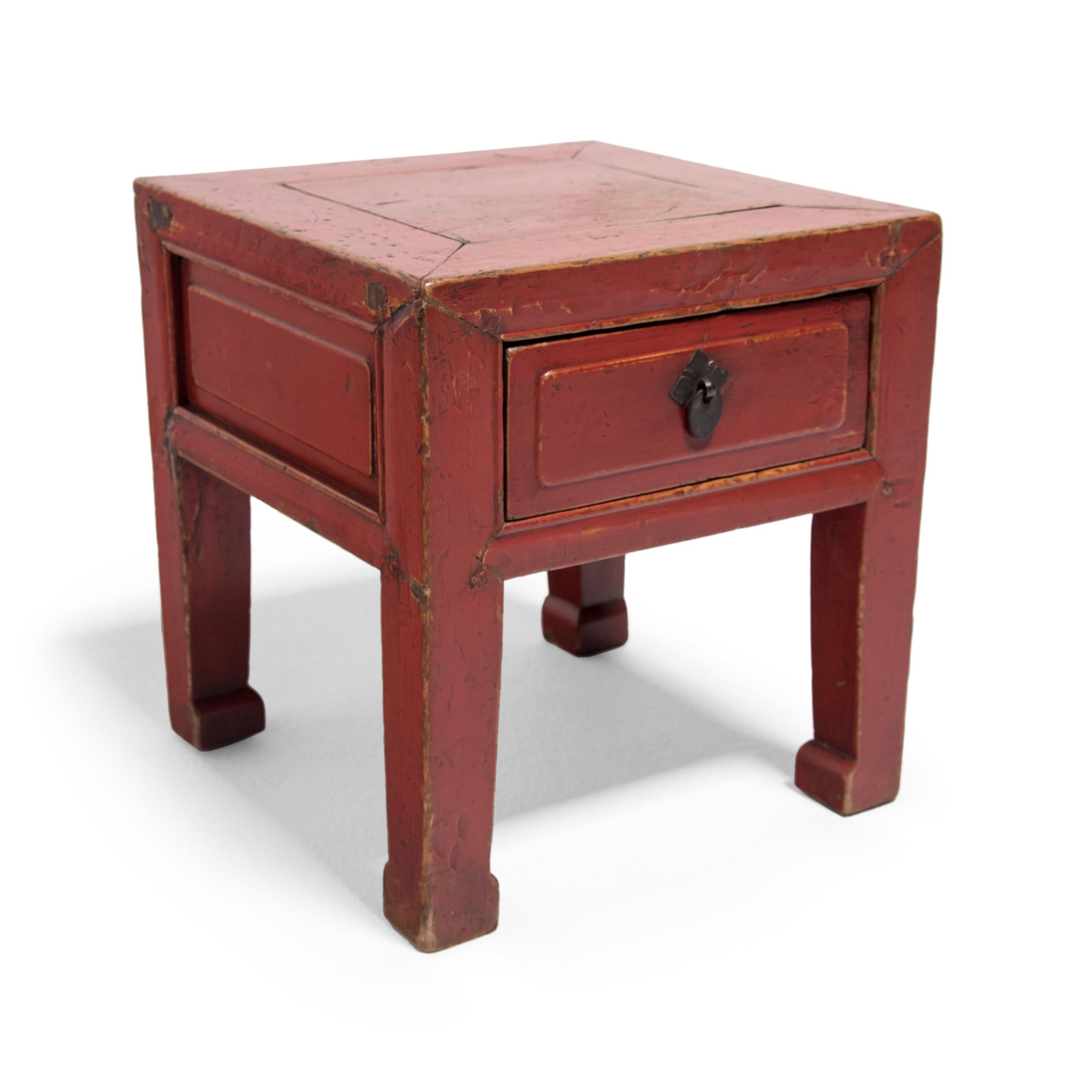 Pair of Chinese Petite Red Lacquer Square Stools, c. 1850 1