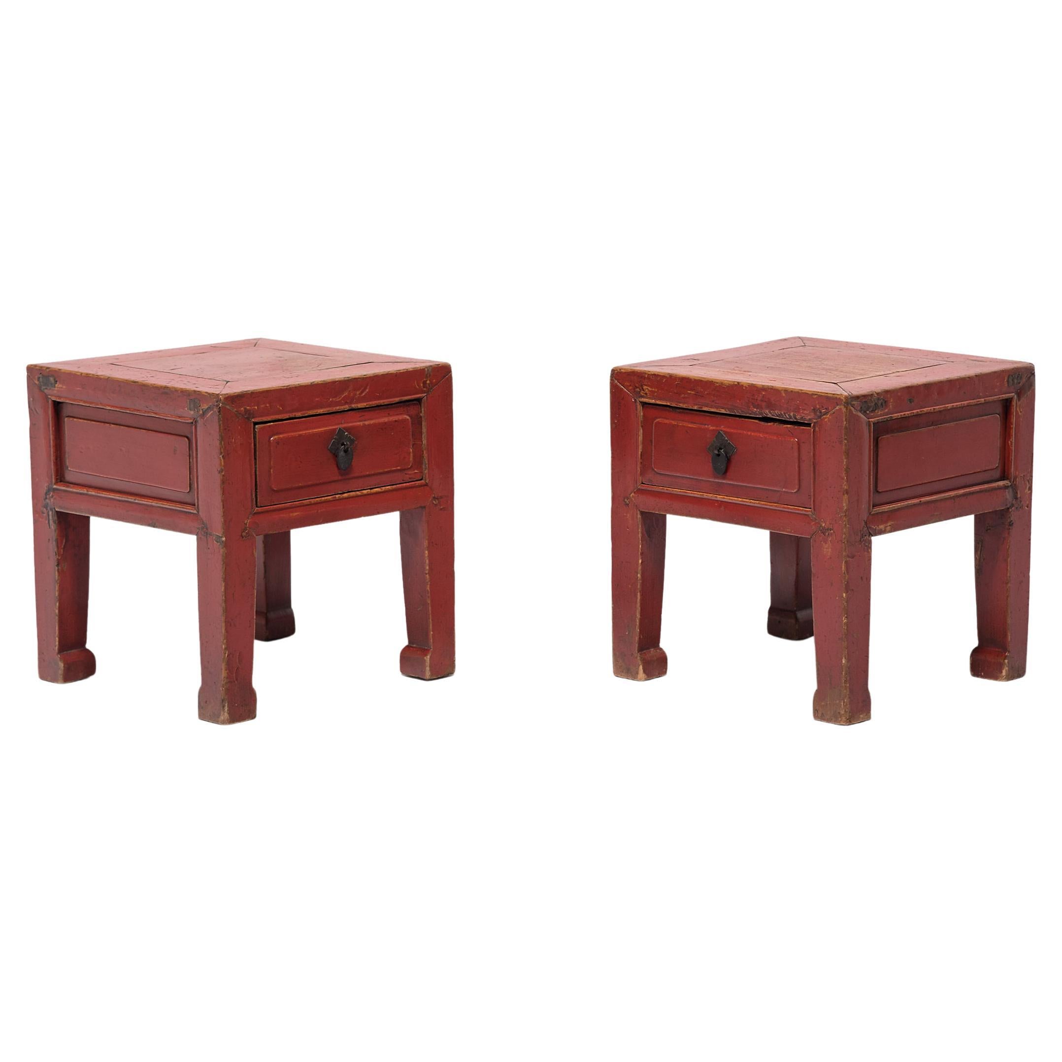 Pair of Chinese Petite Red Lacquer Square Stools, c. 1850