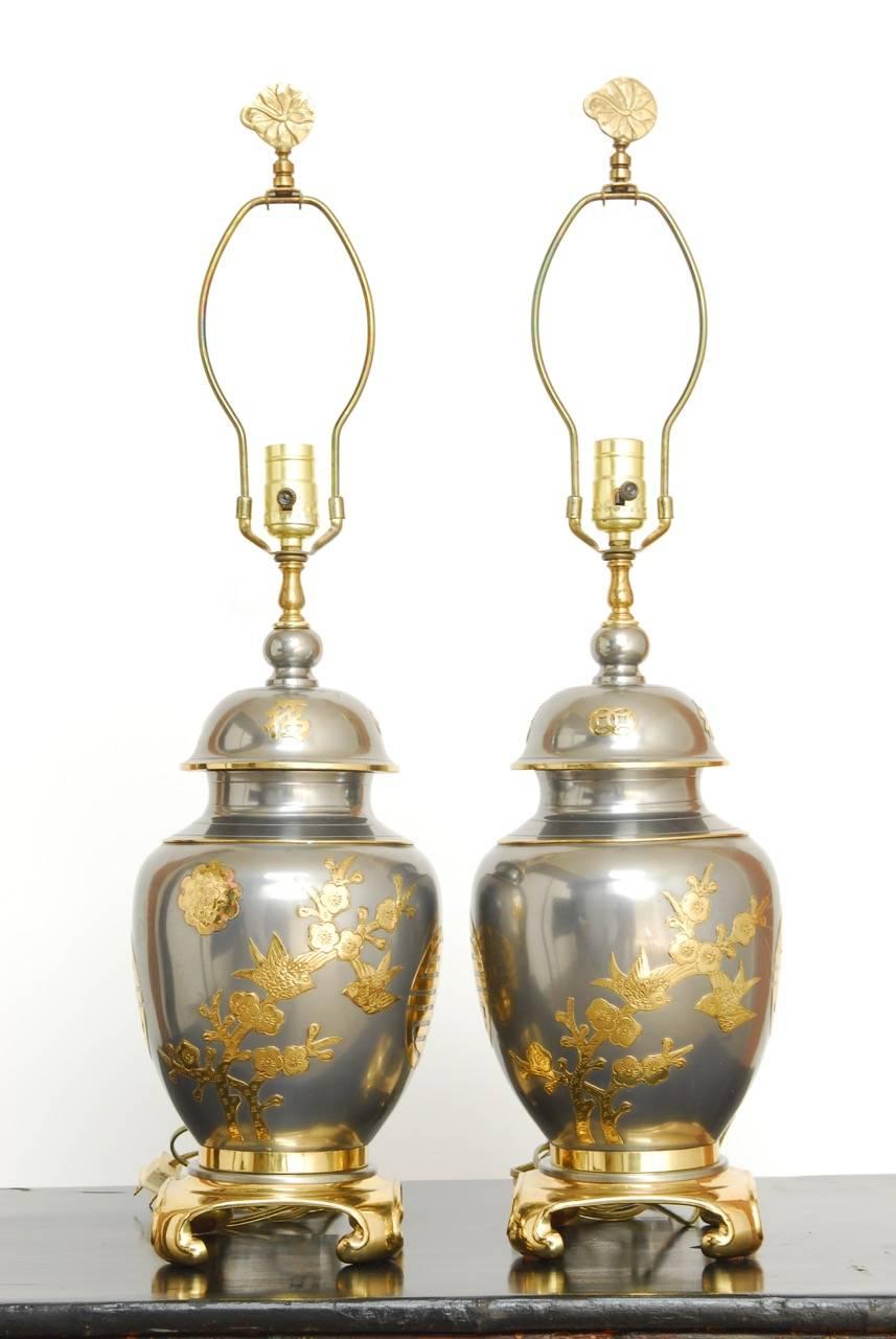 Pair of Chinese Pewter and Brass Ginger Jar Lamps 8