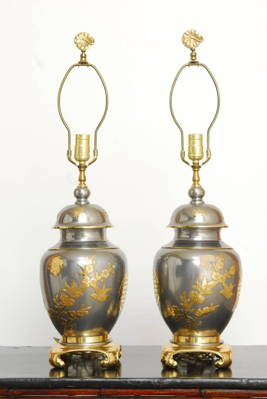 Hollywood Regency Pair of Chinese Pewter and Brass Ginger Jar Lamps