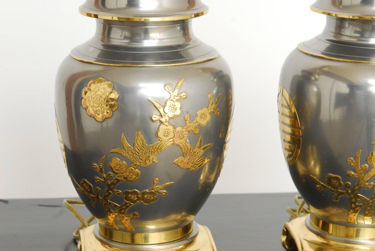 Pair of Chinese Pewter and Brass Ginger Jar Lamps In Good Condition In Rio Vista, CA