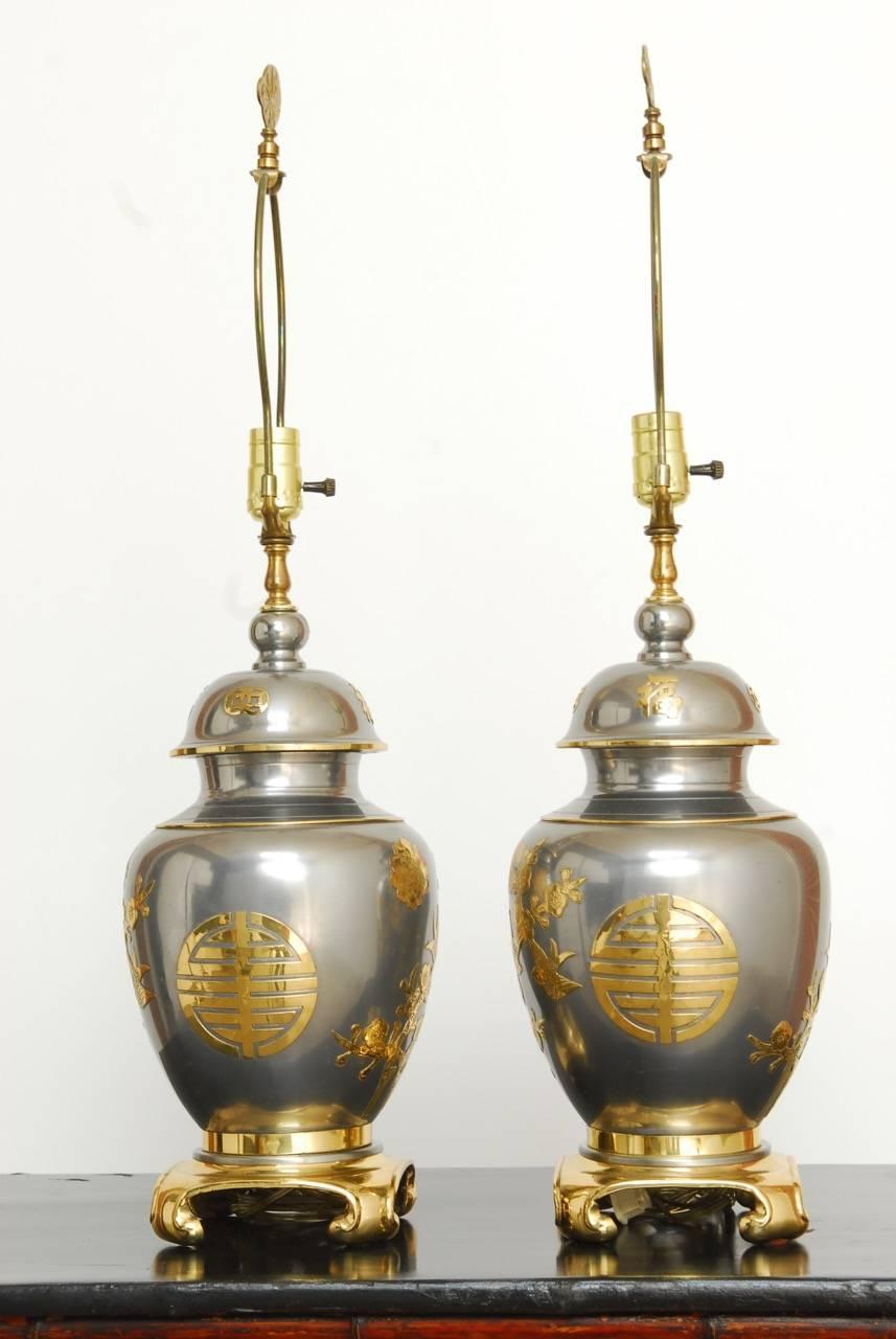 20th Century Pair of Chinese Pewter and Brass Ginger Jar Lamps