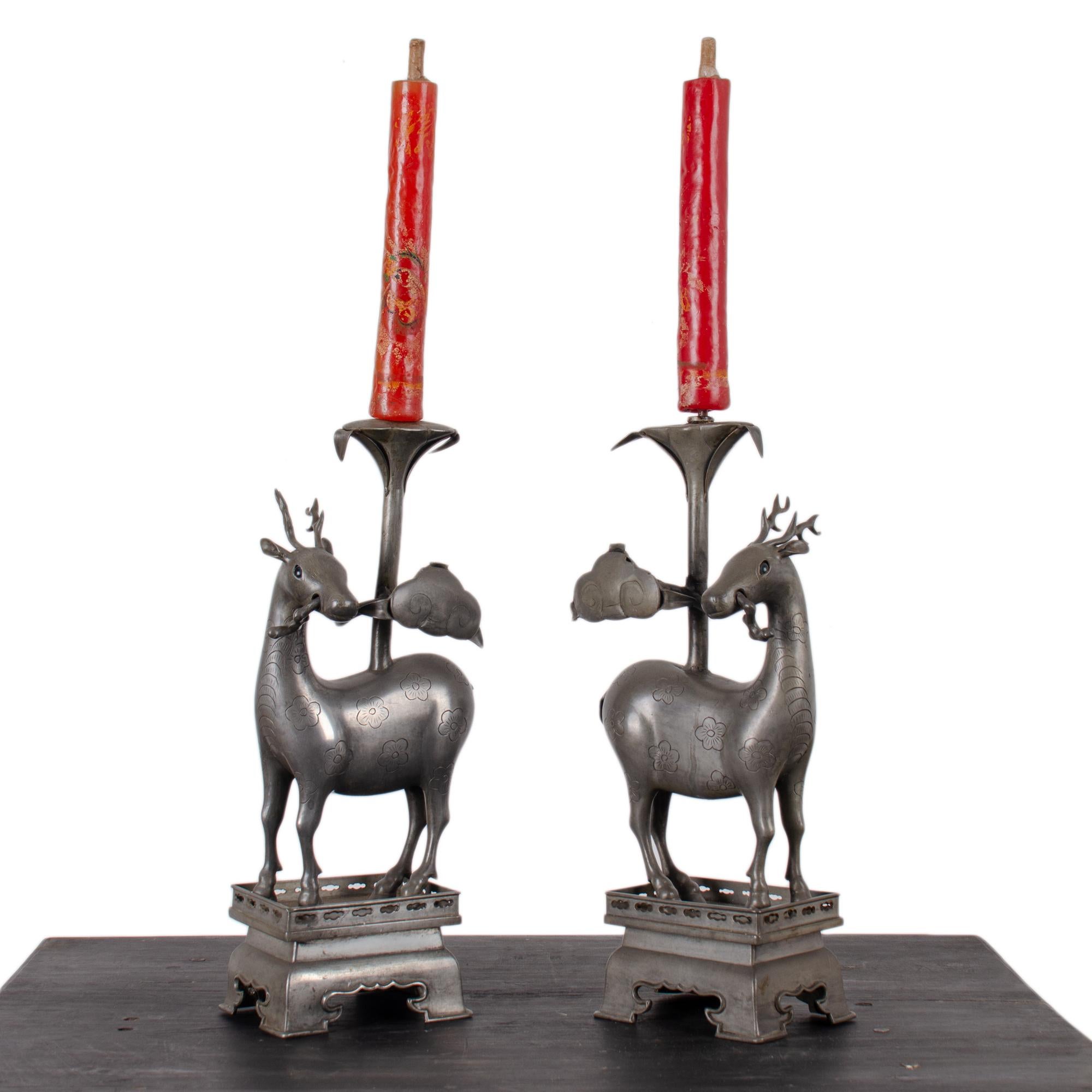 Pair of Chinese Pewter Deer-Form Candlesticks, Qing Dynasty In Good Condition In Savannah, GA