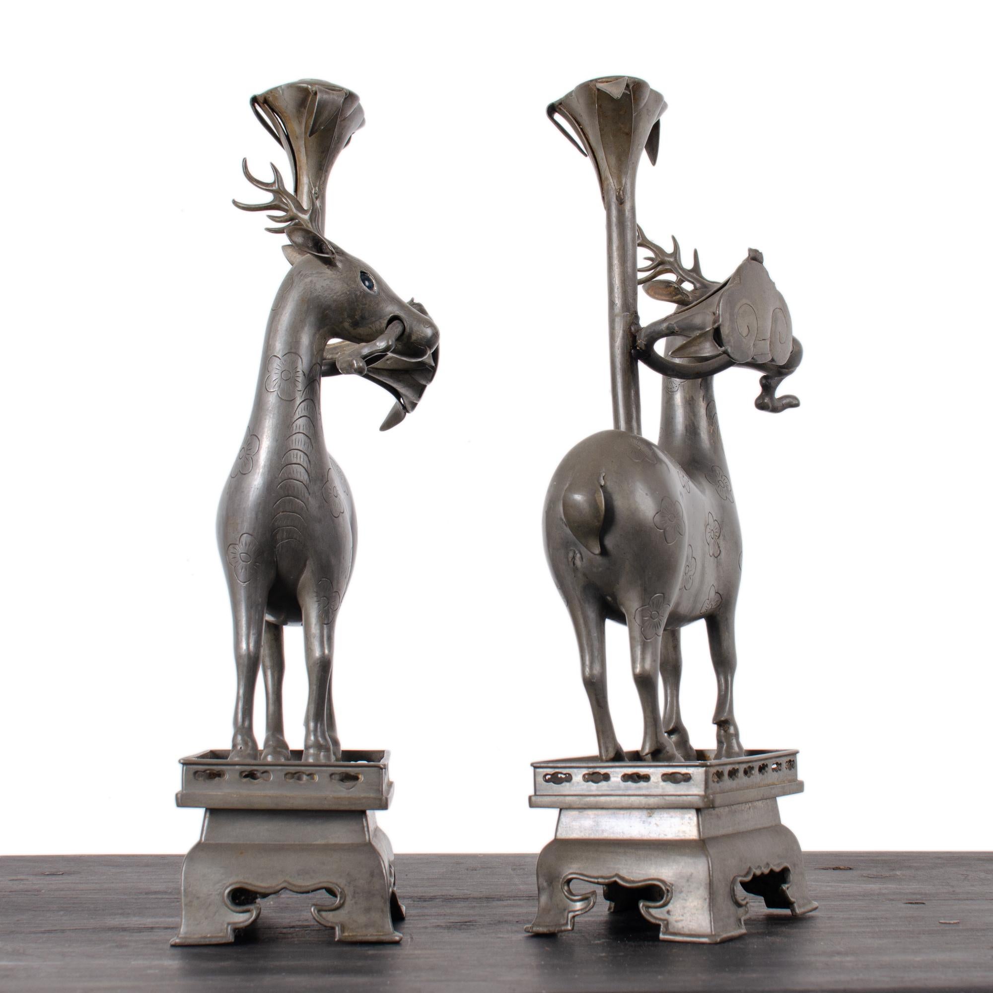 19th Century Pair of Chinese Pewter Deer-Form Candlesticks, Qing Dynasty