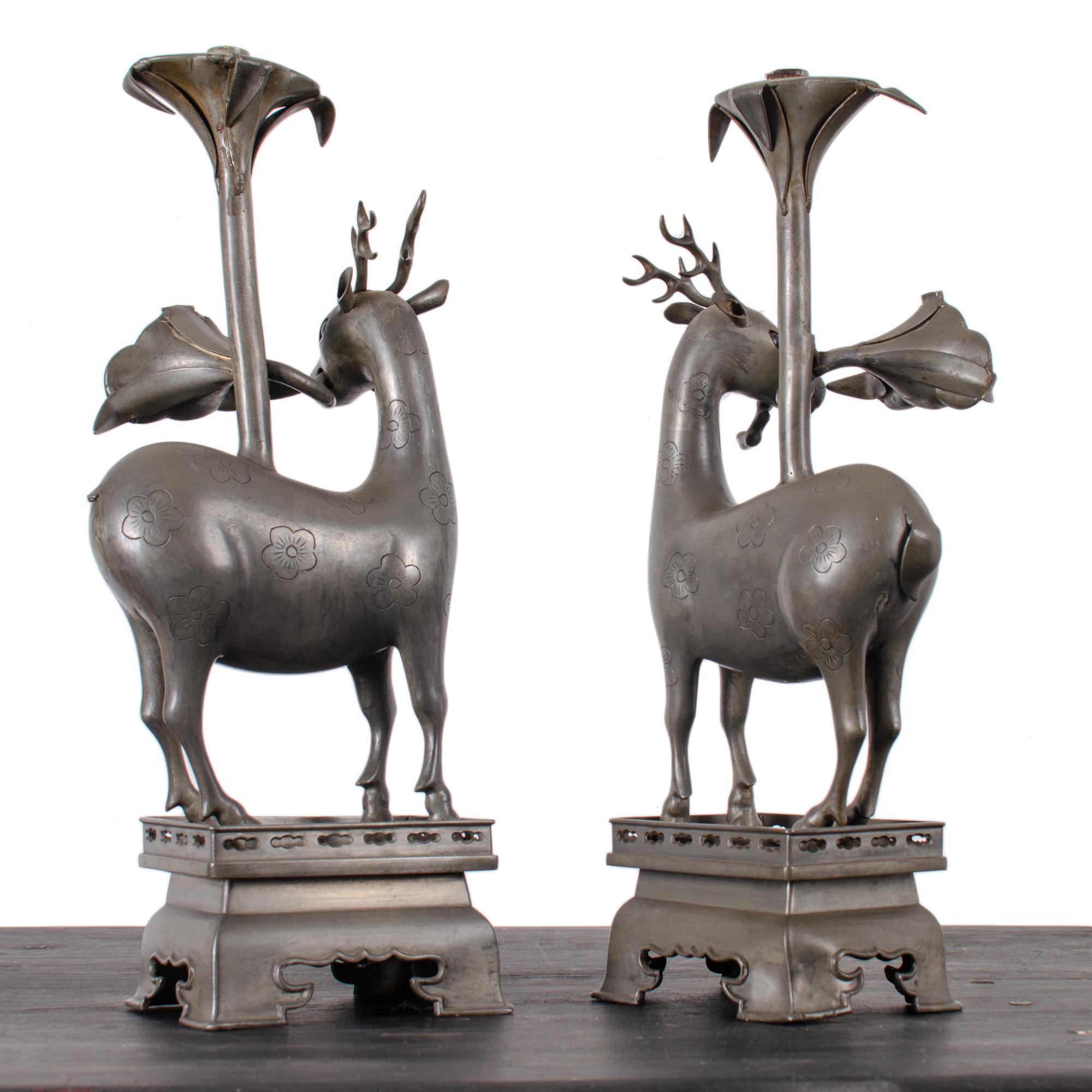 Pair of Chinese Pewter Deer-Form Candlesticks, Qing Dynasty 1