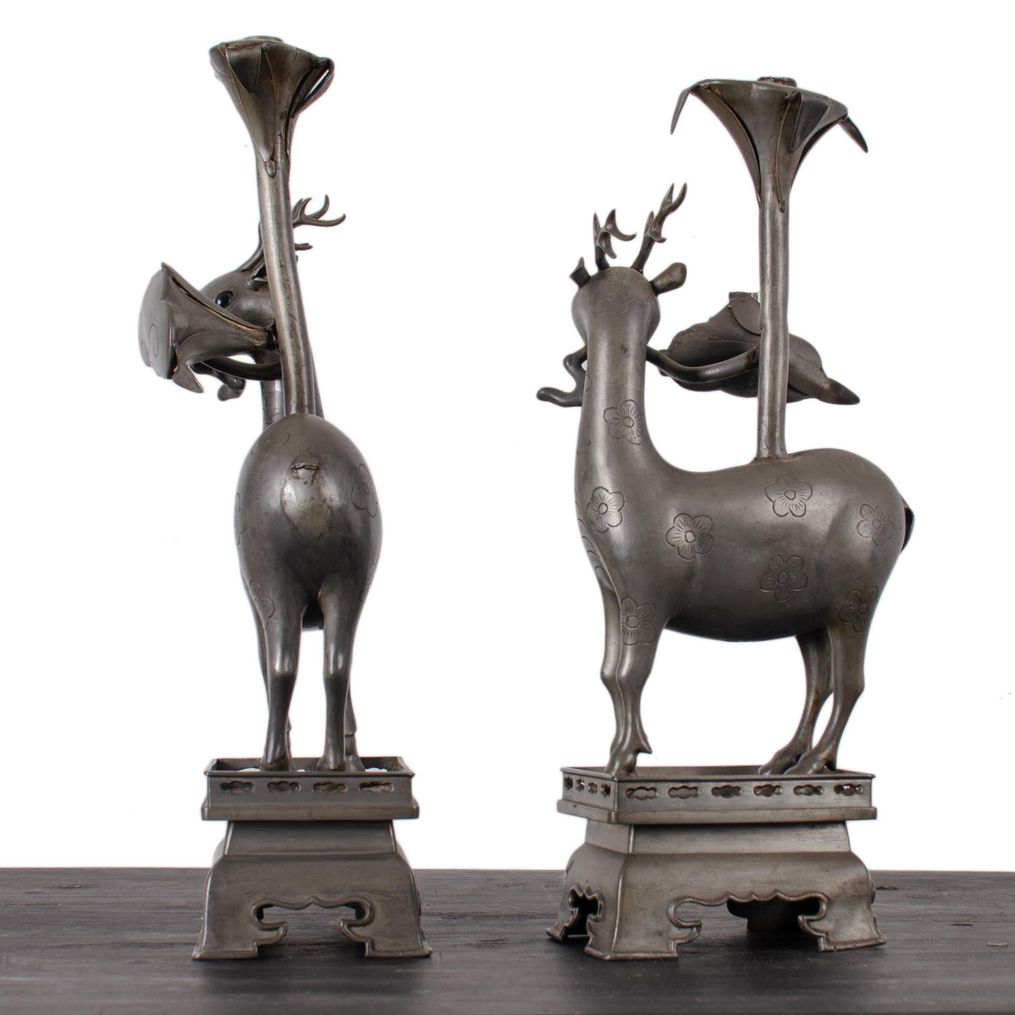Pair of Chinese Pewter Deer-Form Candlesticks, Qing Dynasty 2