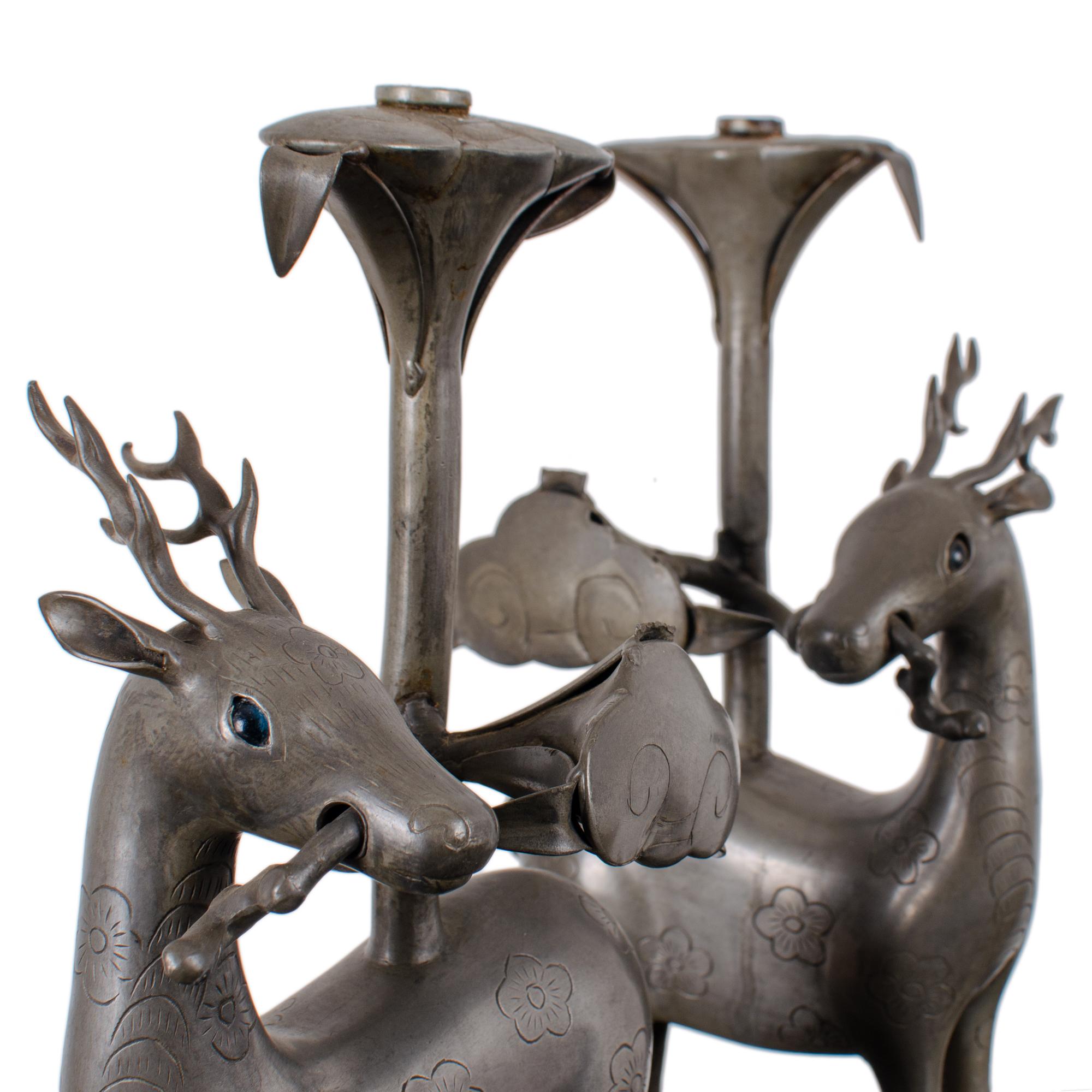 Pair of Chinese Pewter Deer-Form Candlesticks, Qing Dynasty 4