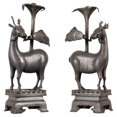 Vintage Pair of Chinese Pewter Deer-Form Candlesticks, Qing Dynasty