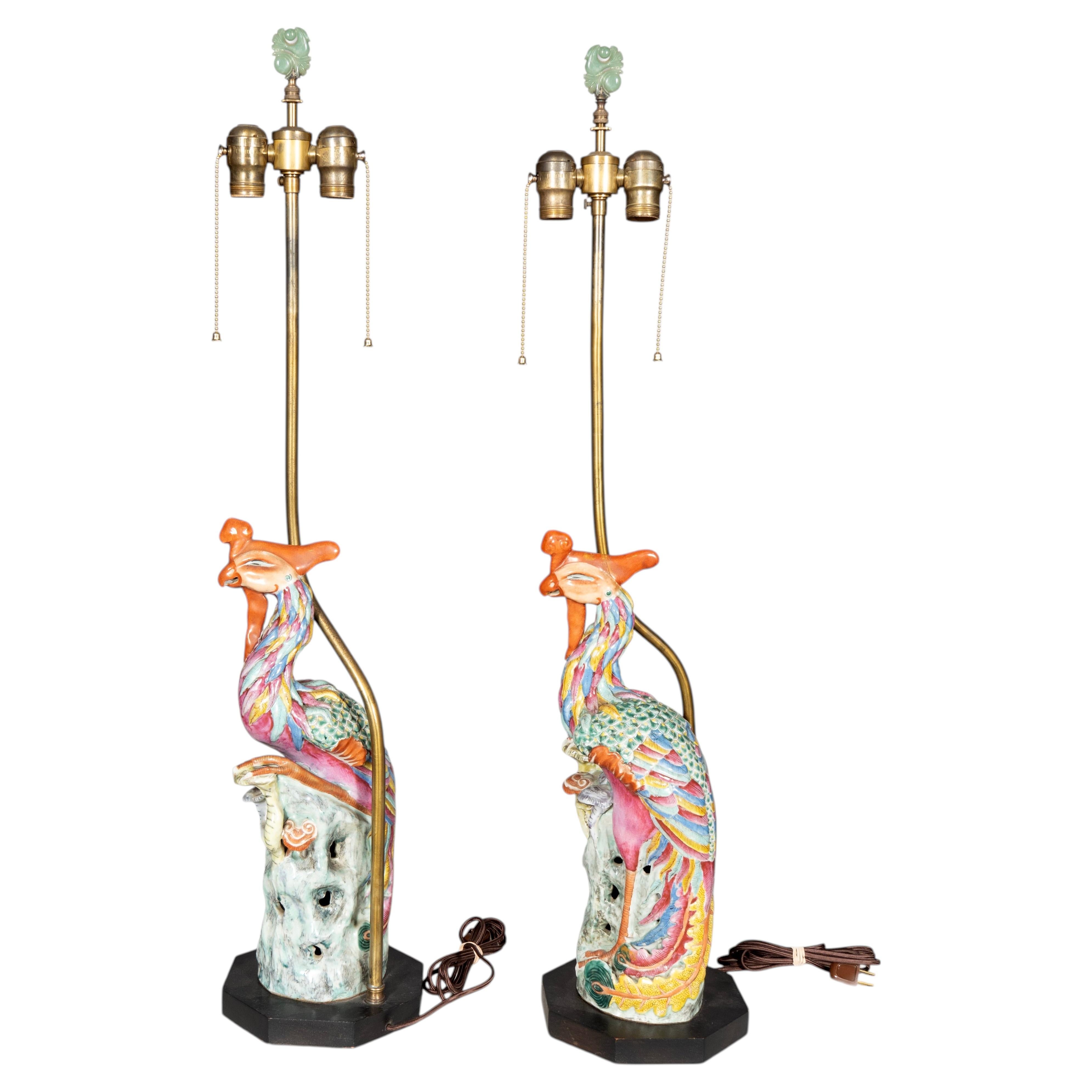 Pair Of Chinese Phoenix Bird Porcelain Table Lamps For Sale