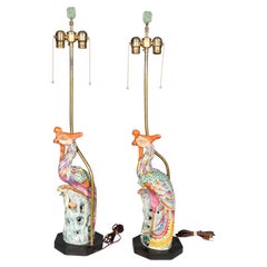 Pair Of Chinese Phoenix Bird Porcelain Table Lamps