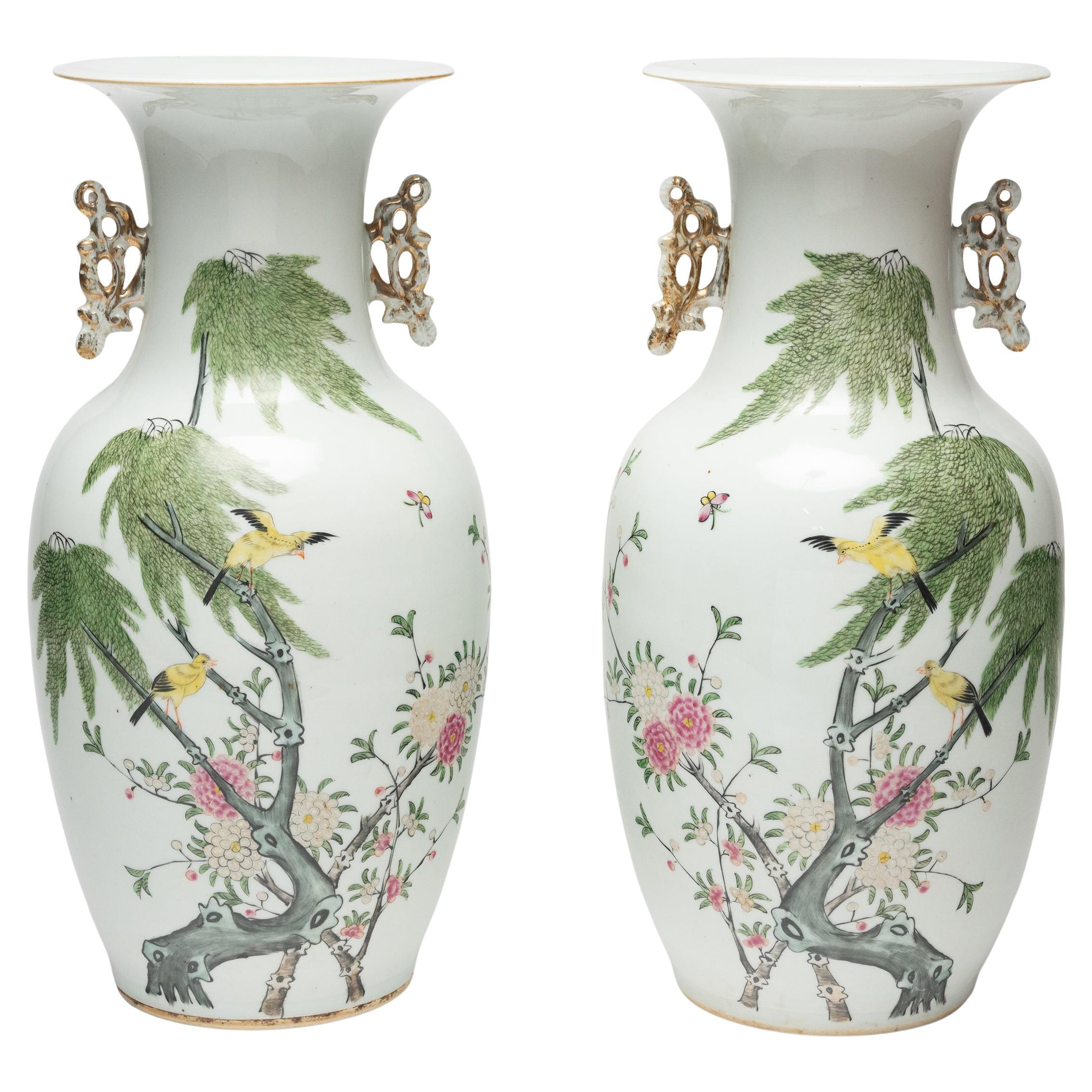 Pair of Chinese Phoenix Tail Vases with Birds & Flowers, c. 1924