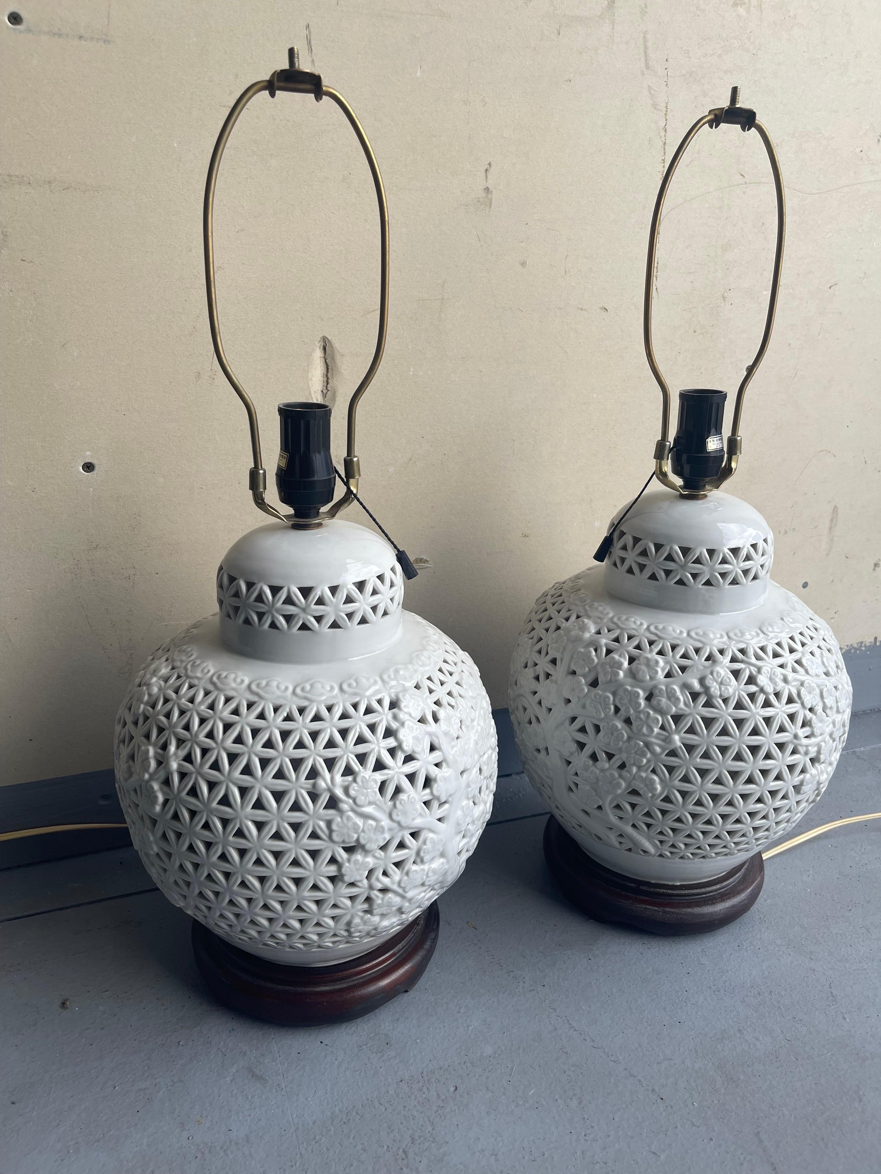 Pair of Chinese Pierced Porcelain Blanc De Chine Table Lamps 6