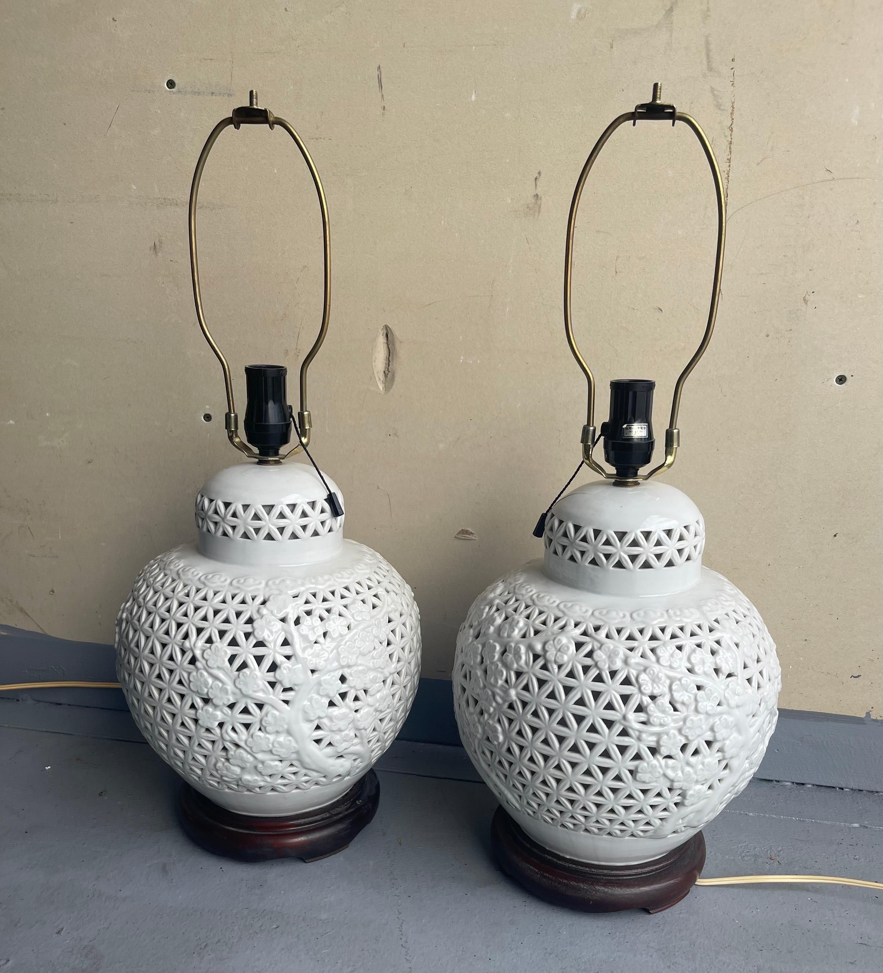 Hollywood Regency Pair of Chinese Pierced Porcelain Blanc De Chine Table Lamps