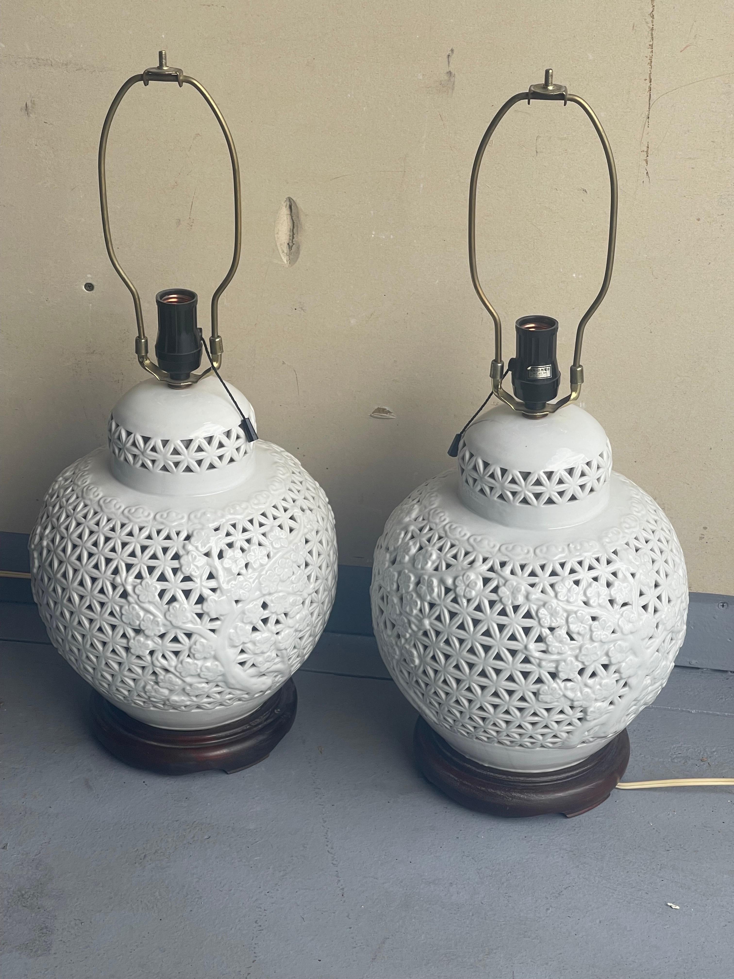Pair of Chinese Pierced Porcelain Blanc De Chine Table Lamps In Good Condition In San Diego, CA