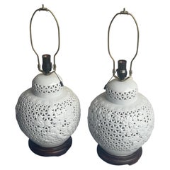 Pair of Chinese Pierced Porcelain Blanc De Chine Table Lamps