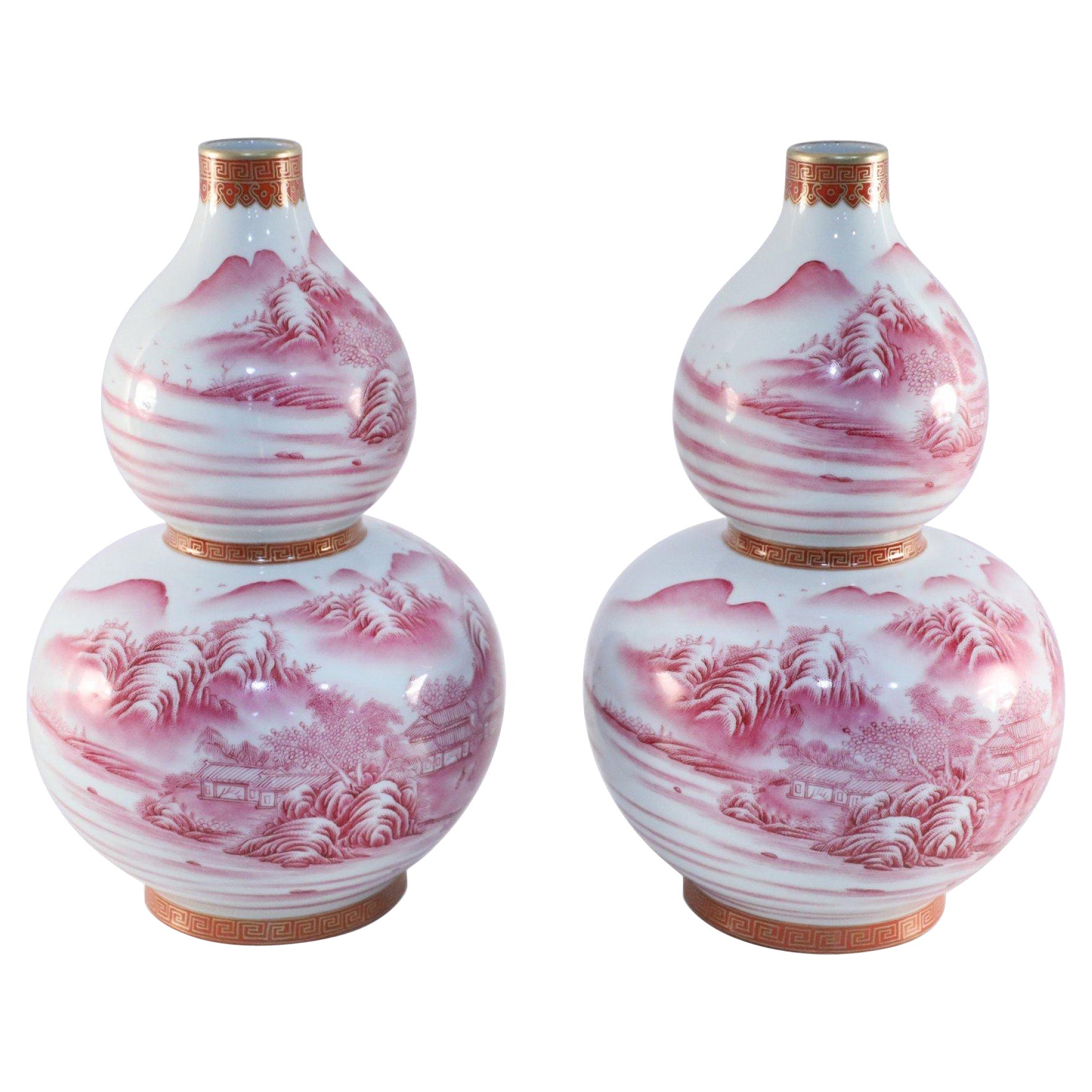 Pair of Chinese Pink and White Porcelain Double Gourd Vases For Sale