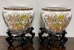 Pair of Chinese Pink & Green Fishbowls Planters Jardinieres on Carved Pedestals