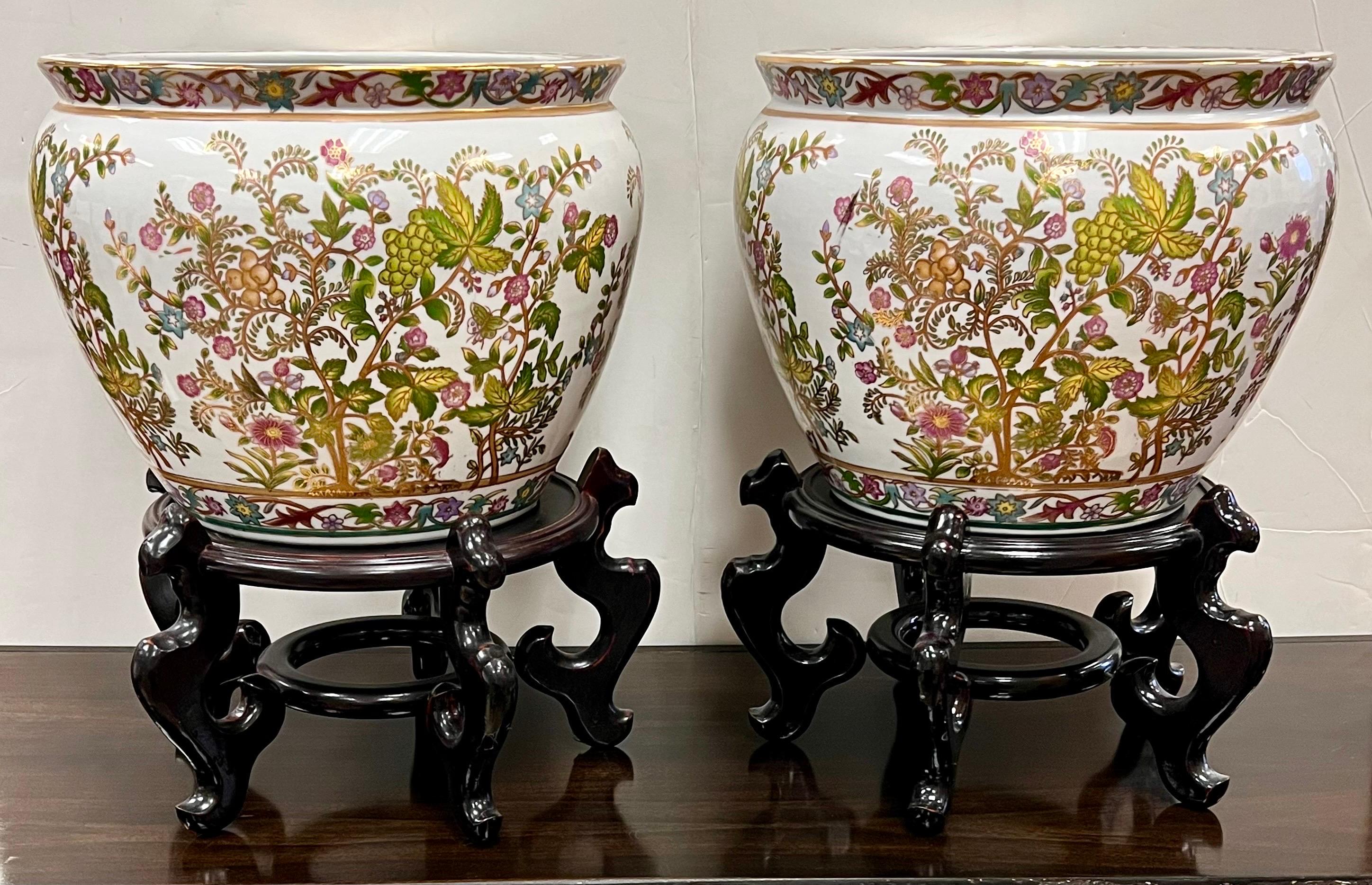 Chinese Chippendale Pair of Chinese Pink & Green Fishbowls Planters Jardinieres on Carved Pedestals