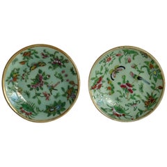 Pair of Chinese Plates Porcelain Celadon Glaze Famille Rose, Early 19th Century