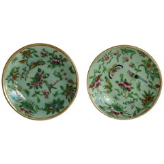 Antique Pair of Chinese Plates Porcelain Celadon Glaze Famille Rose, Early 19th Century