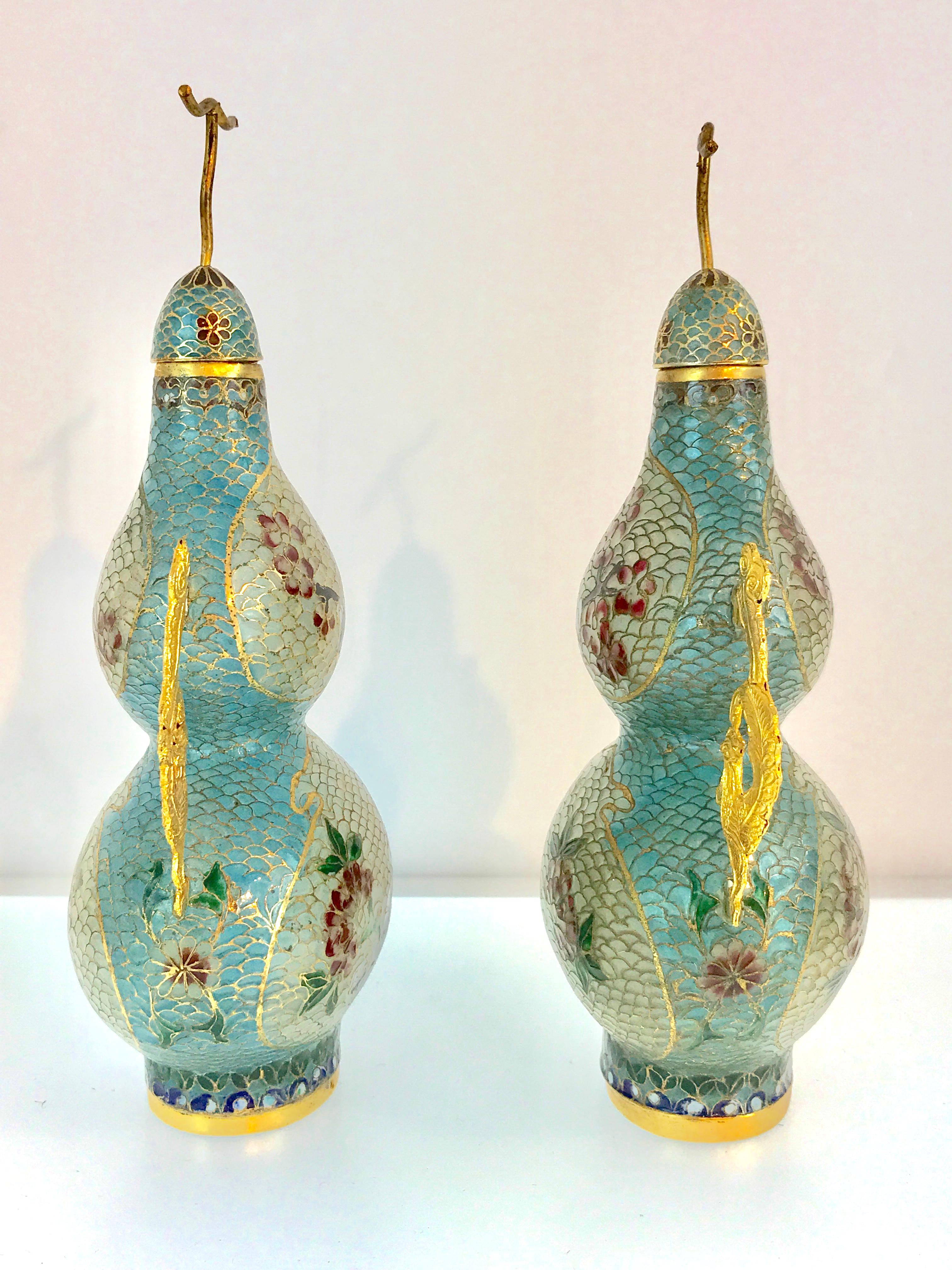 A pair of Chinese Plique-à-Jour enamel (translucent enamel) double gourd vases, each one with removable lid, exquisite all-over enamel decoration, each one signed with lotus flower.