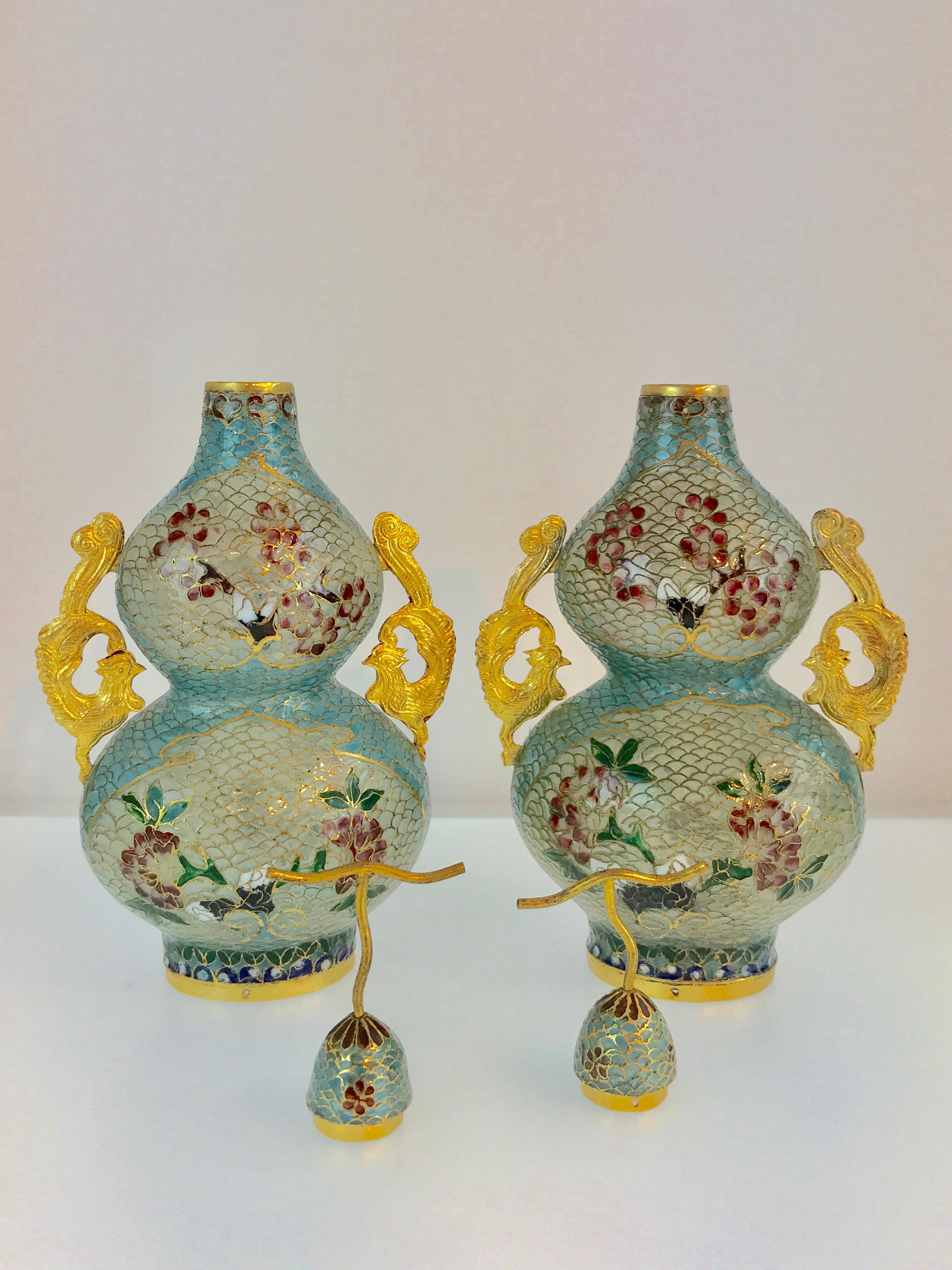 Chinese Export Pair of Chinese Plique-à-Jour Enamel Double Gourd Vases For Sale