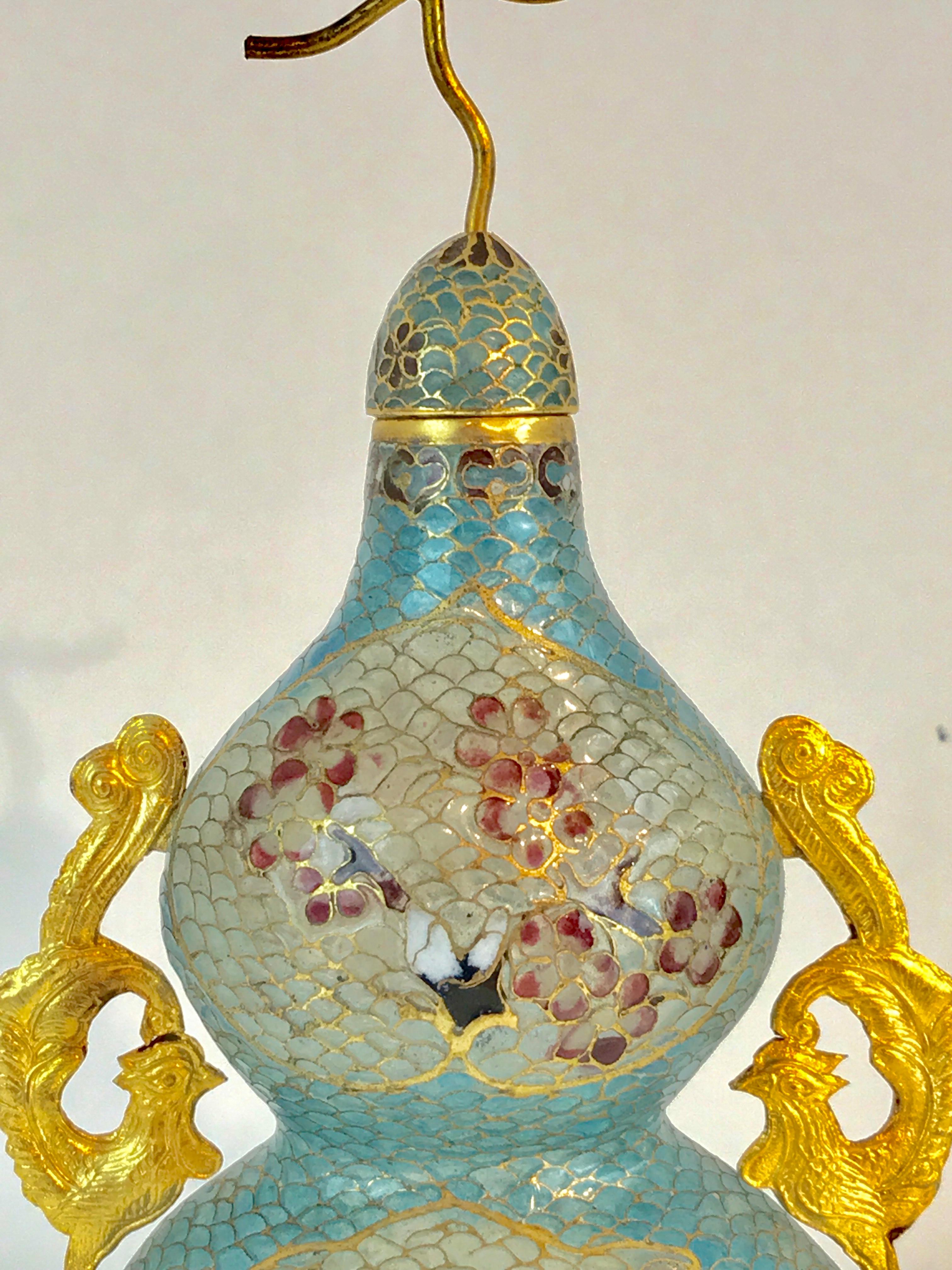 Pair of Chinese Plique-à-Jour Enamel Double Gourd Vases For Sale 1