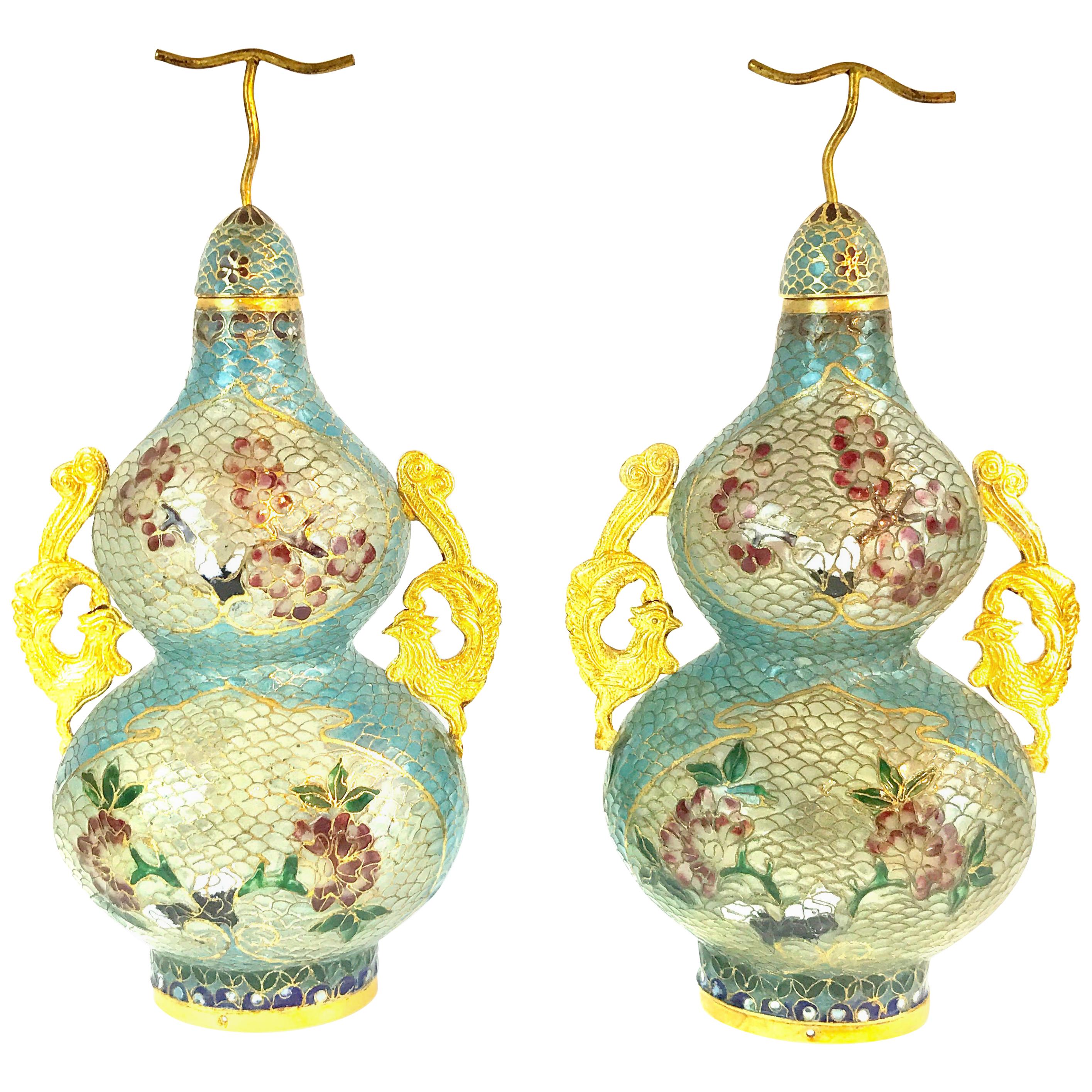 Pair of Chinese Plique-à-Jour Enamel Double Gourd Vases For Sale