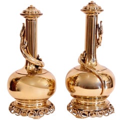Pair Of Chinese Polished Brass Gourd Shaped Bottle Flasks With Lizards