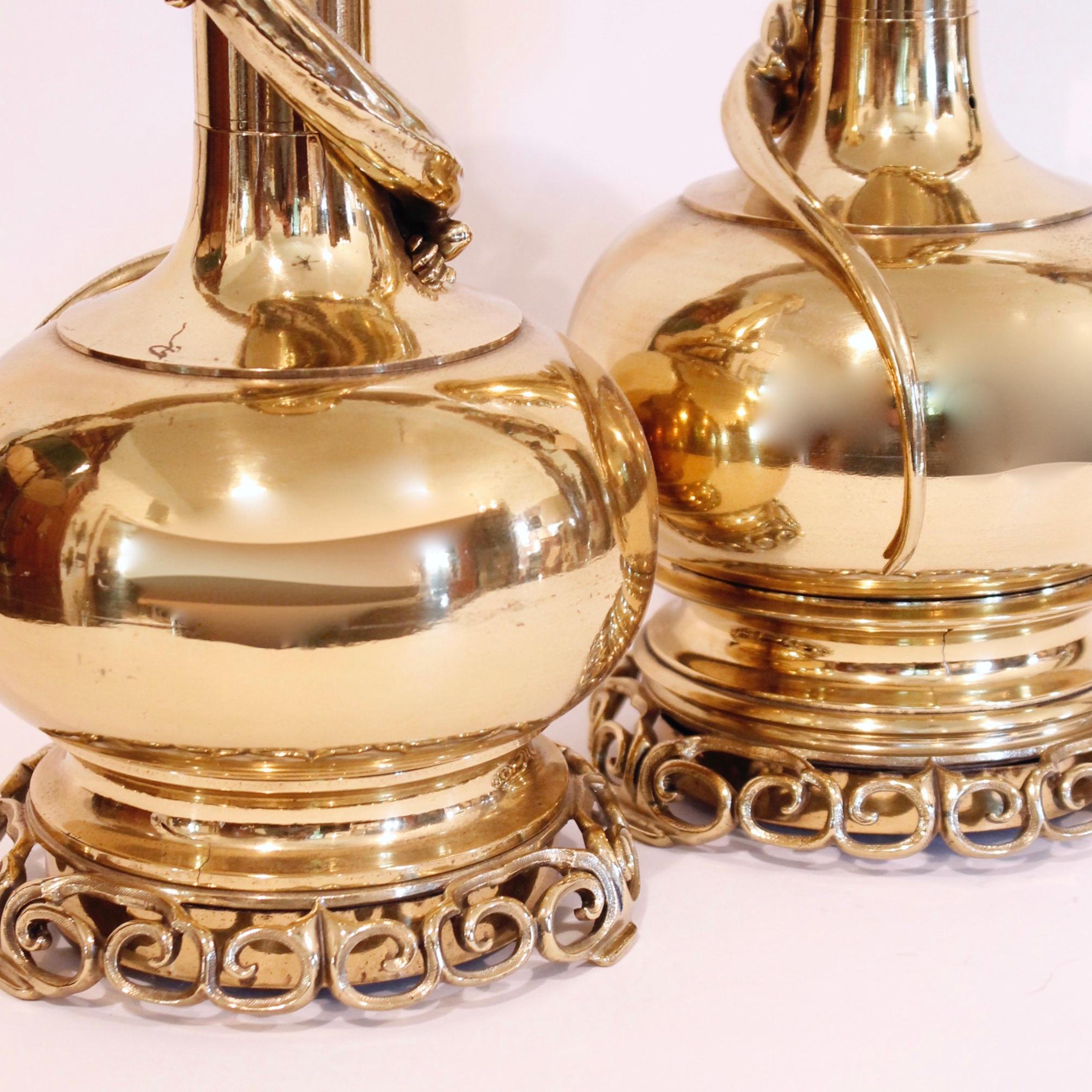 Chinese Export Pair Of Chinese Polished Brass Gourd Shaped Bottle Flasks With Lizards For Sale