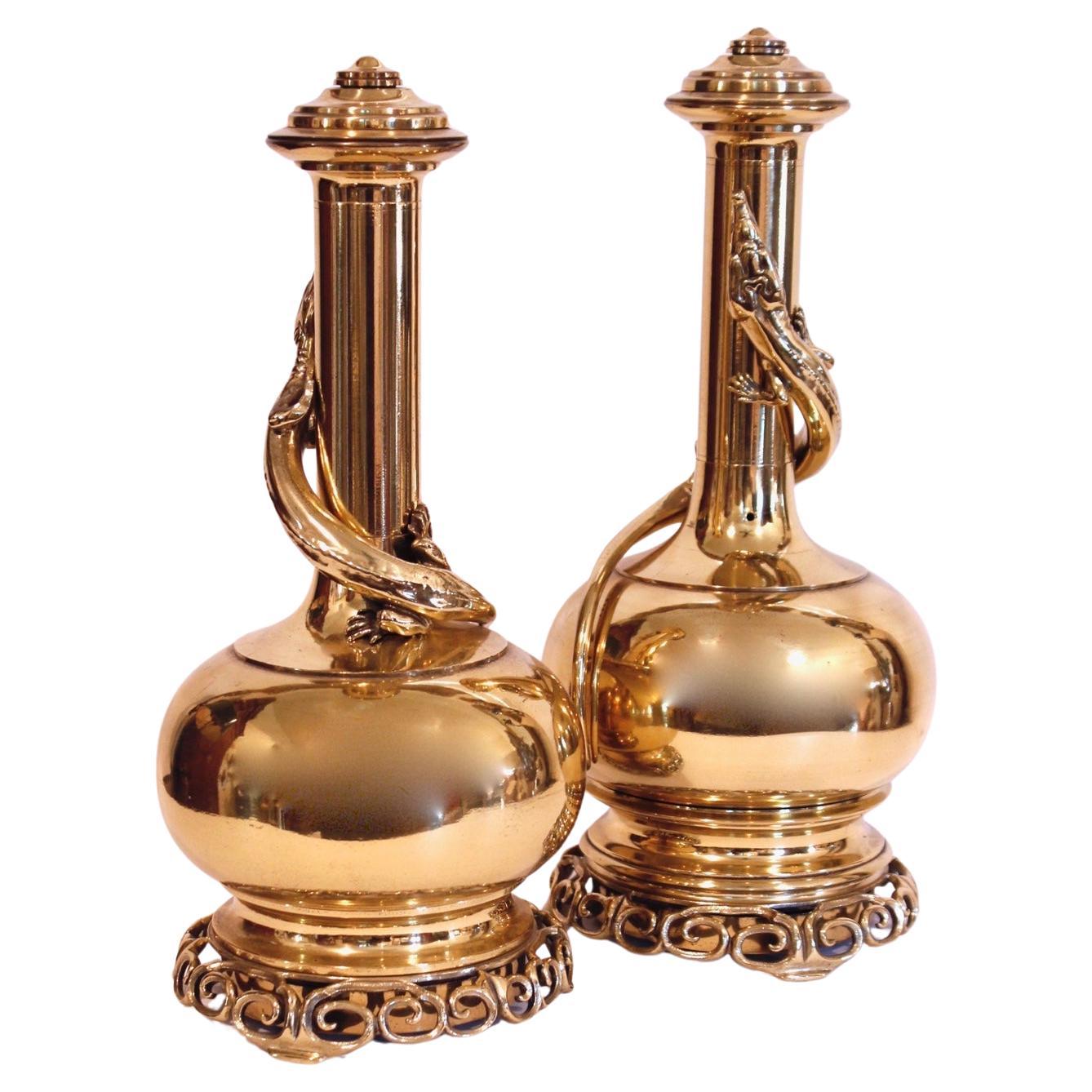 Pair Of Chinese Polished Brass Gourd Shaped Bottle Flasks With Lizards For Sale