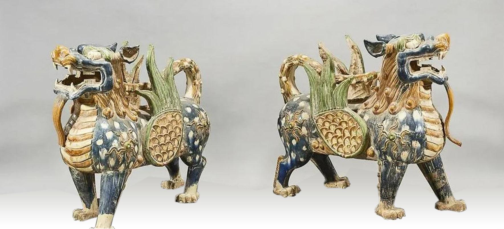 Asian Pair of Chinese Poly-Chromed Fu Lions For Sale