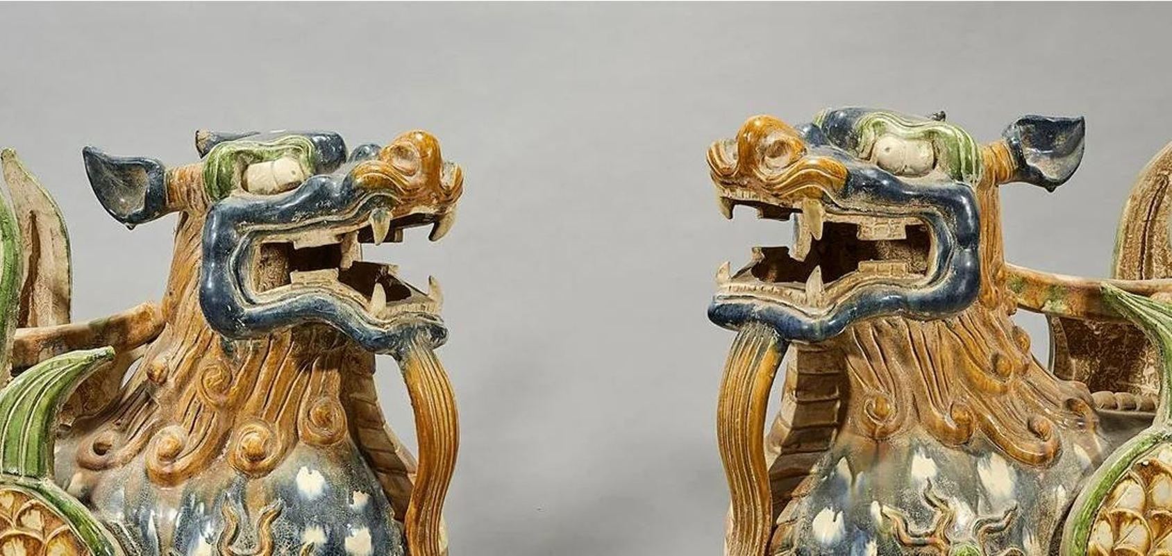 20th Century Pair of Chinese Poly-Chromed Fu Lions For Sale