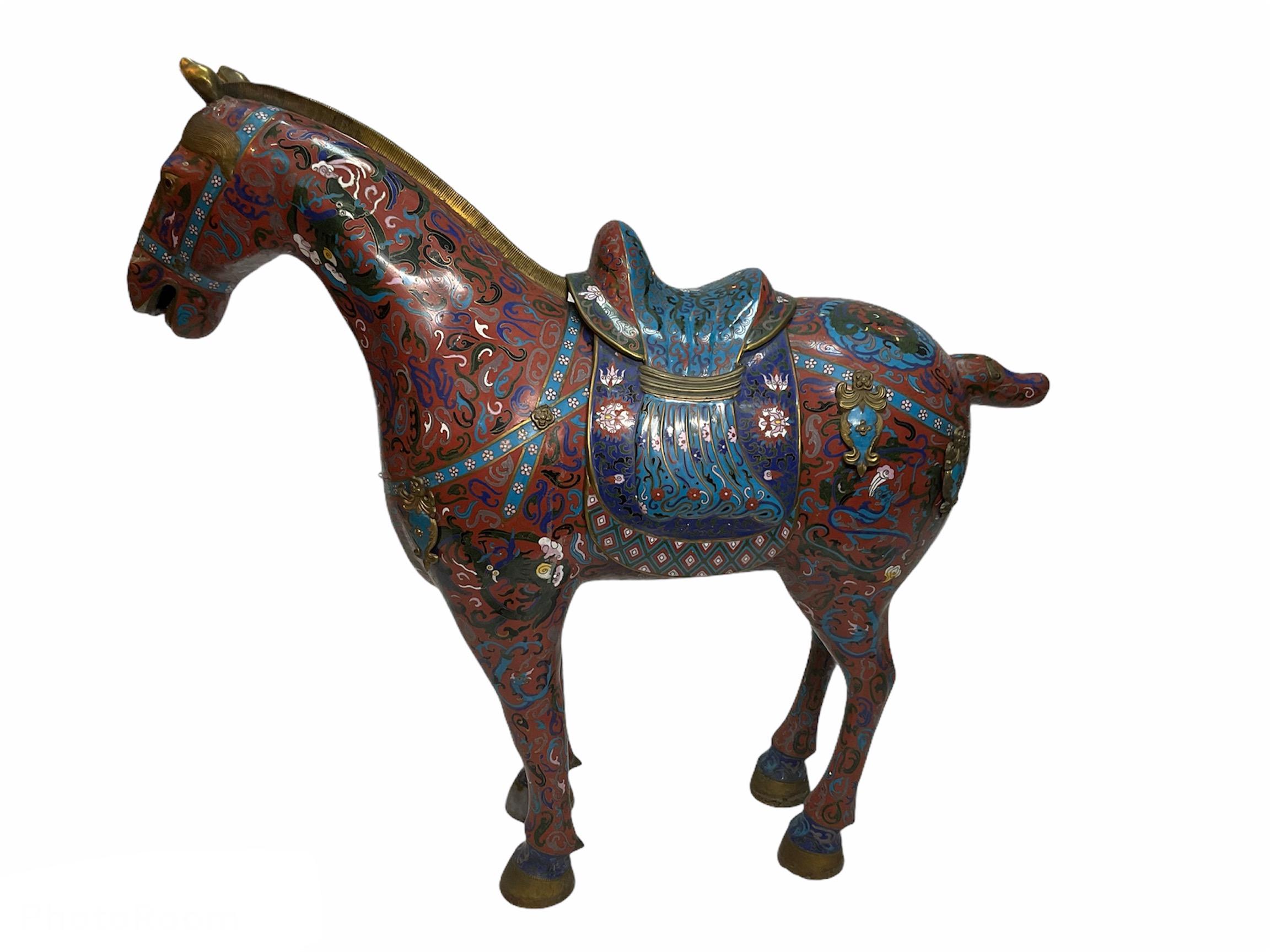 Pair of Chinese Polychromatic Enamel Cloisonné Brass Horse Sculptures 3