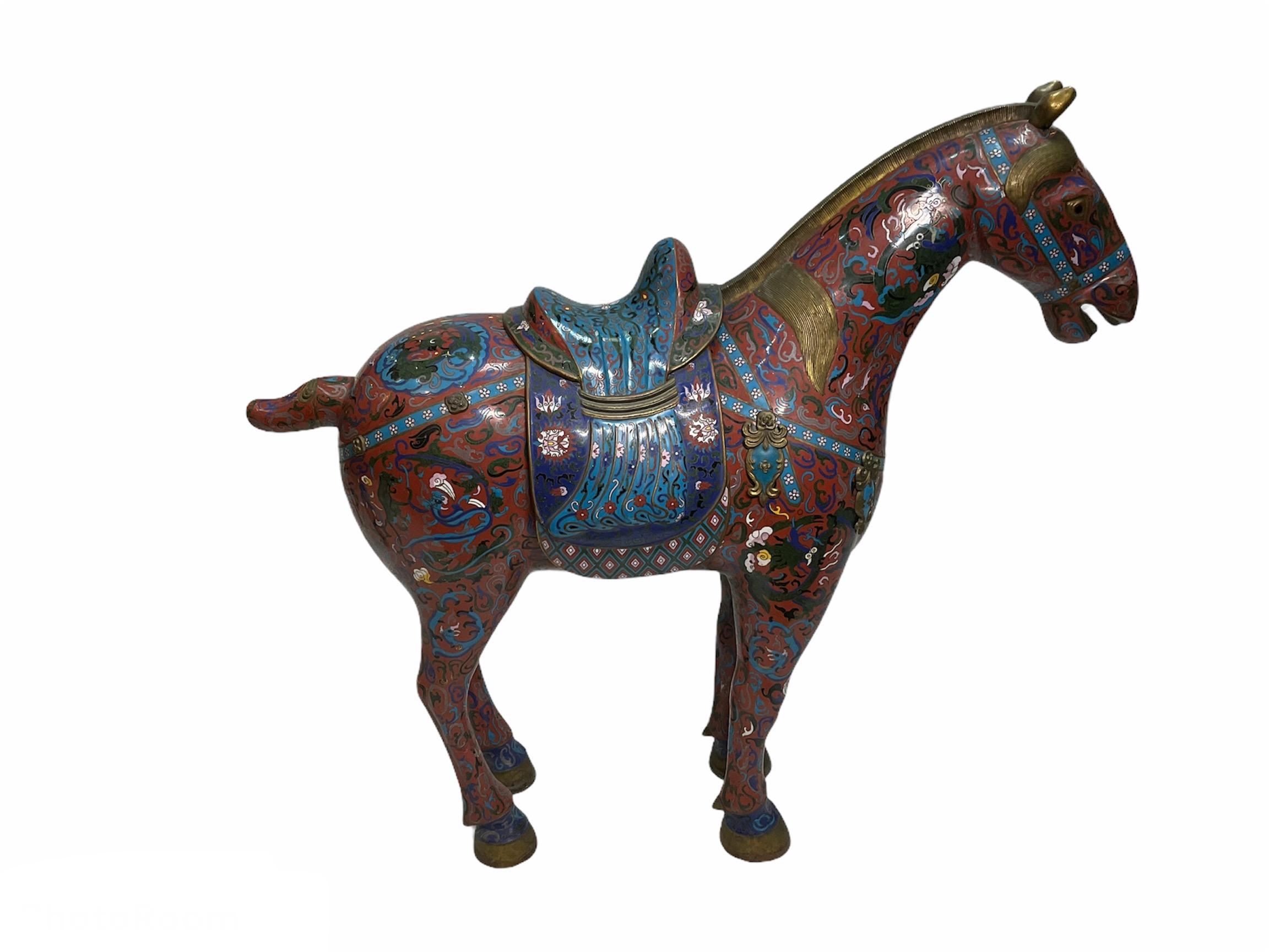 Pair of Chinese Polychromatic Enamel Cloisonné Brass Horse Sculptures 4