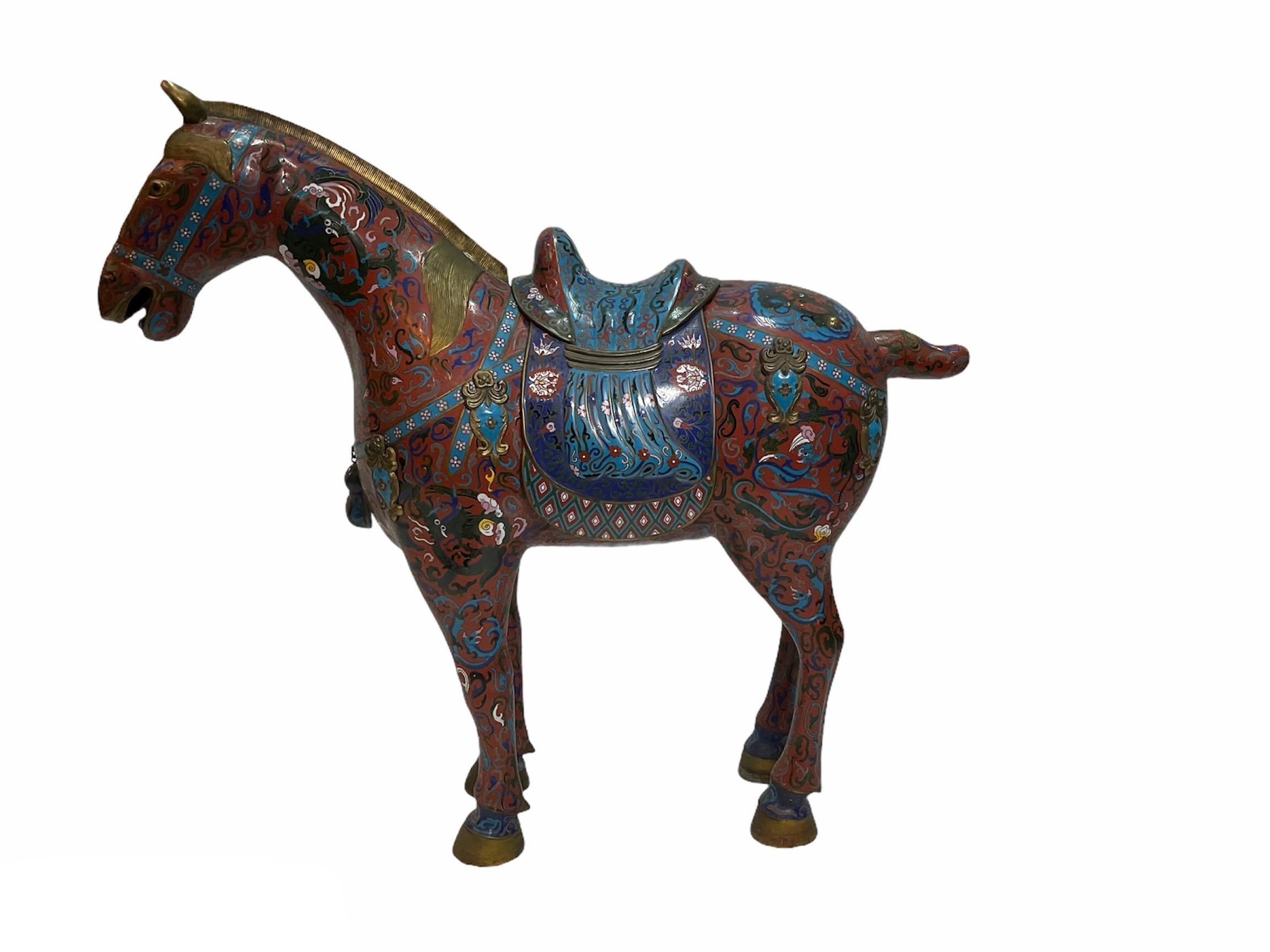 Pair of Chinese Polychromatic Enamel Cloisonné Brass Horse Sculptures 5