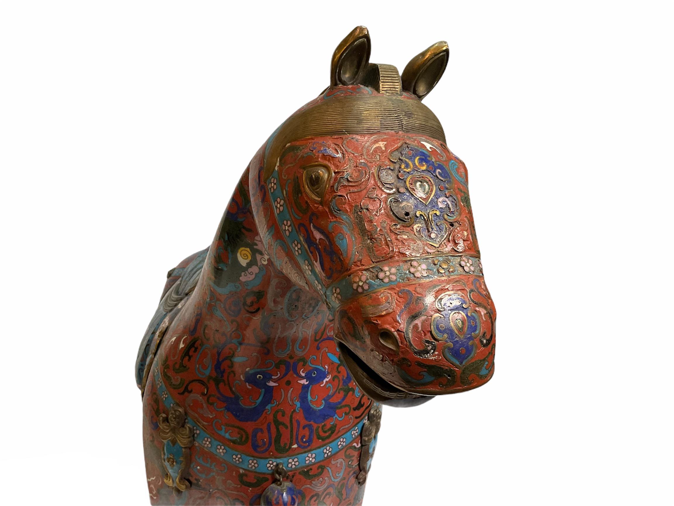 Pair of Chinese Polychromatic Enamel Cloisonné Brass Horse Sculptures 8