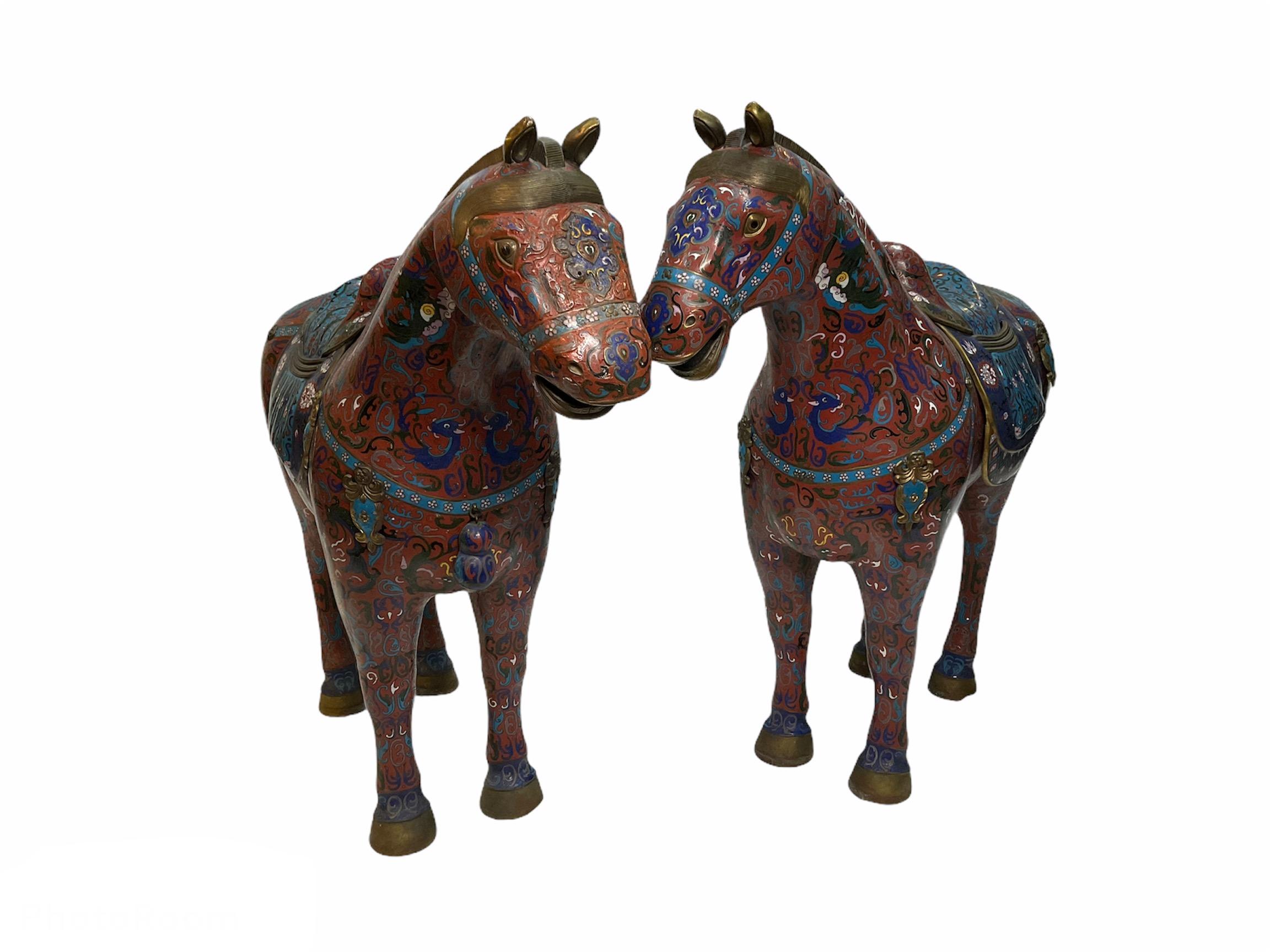 Pair of Chinese Polychromatic Enamel Cloisonné Brass Horse Sculptures 9