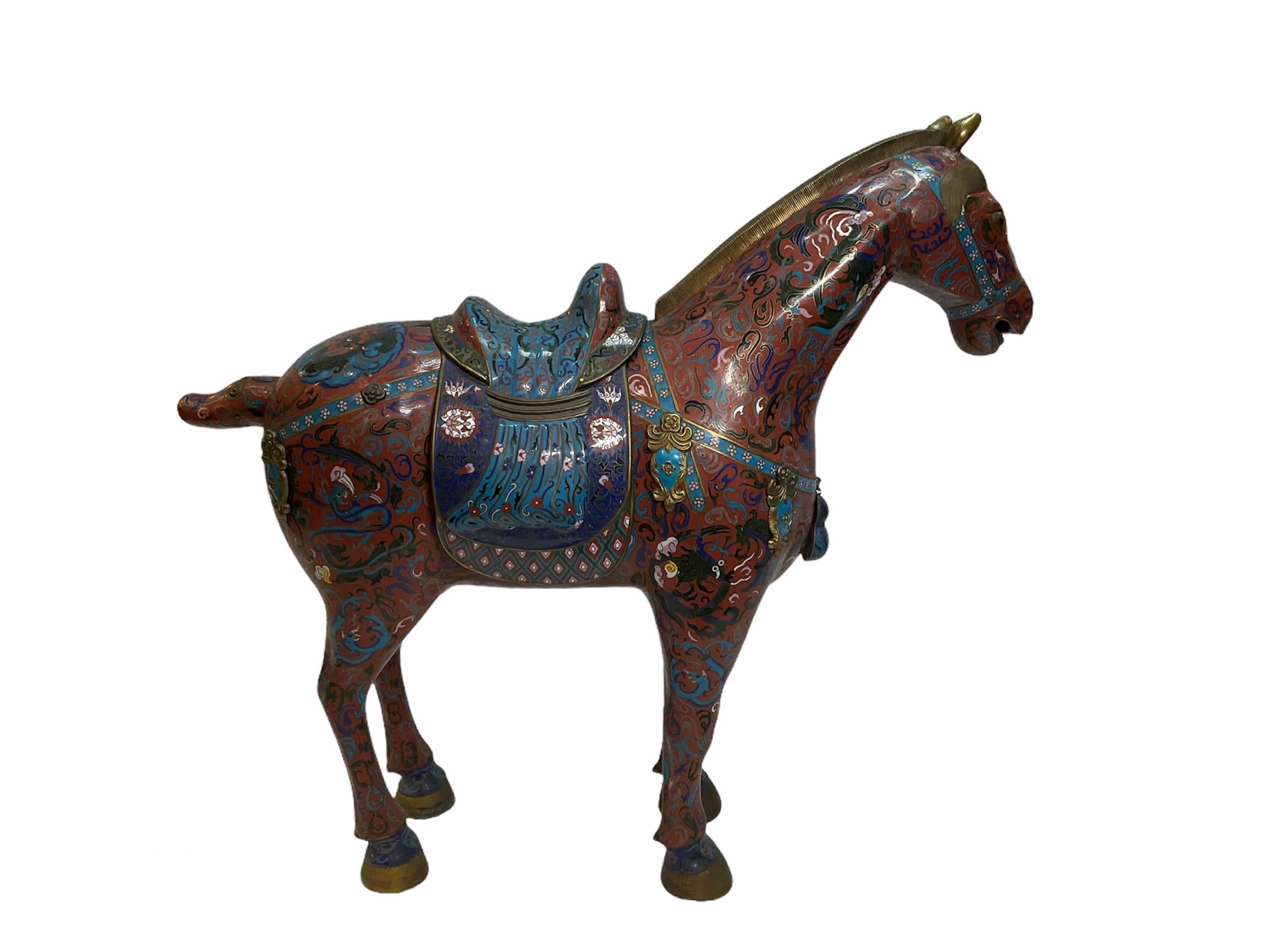 Pair of Chinese Polychromatic Enamel Cloisonné Brass Horse Sculptures 10