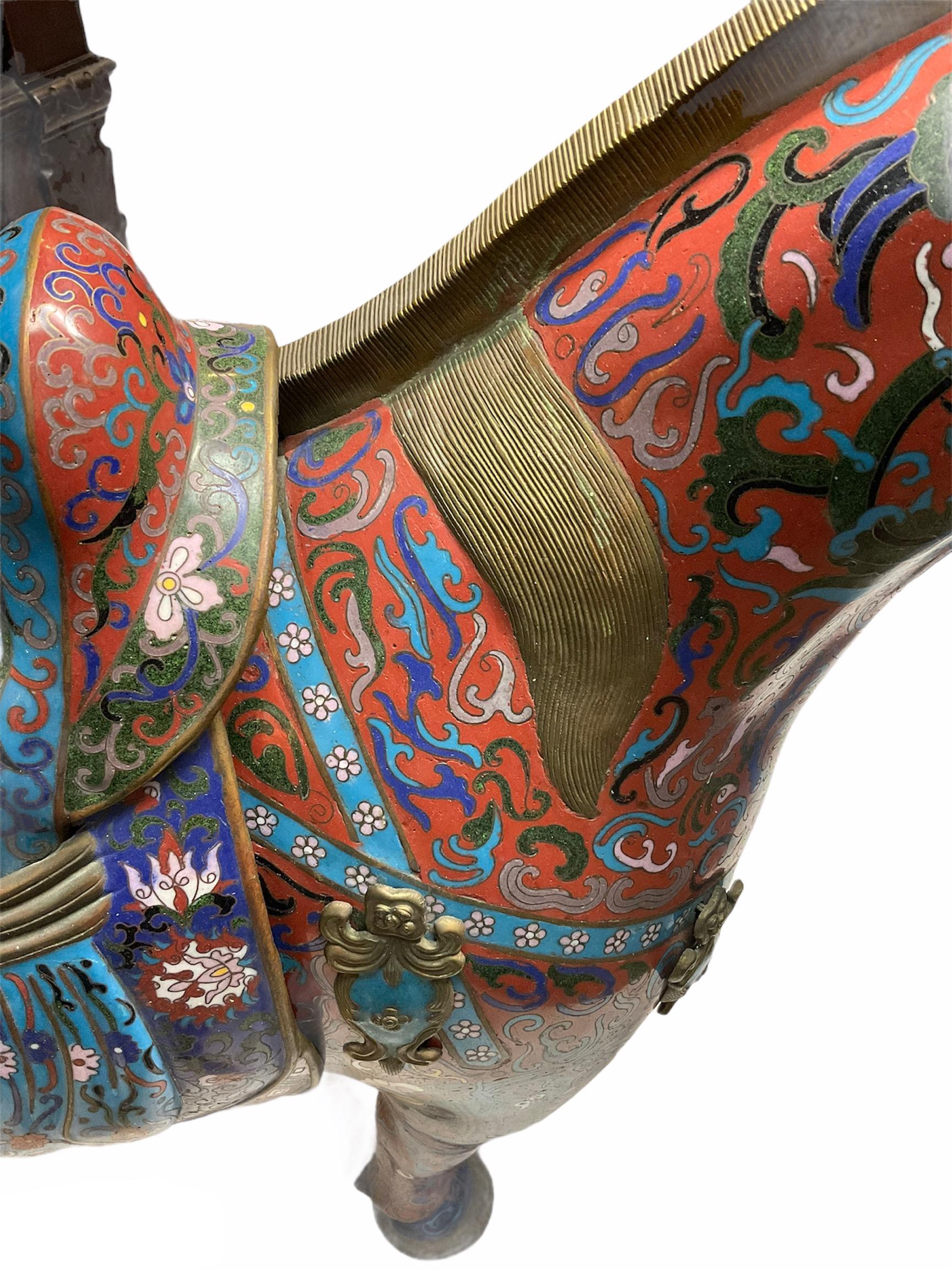 Cloissoné Pair of Chinese Polychromatic Enamel Cloisonné Brass Horse Sculptures