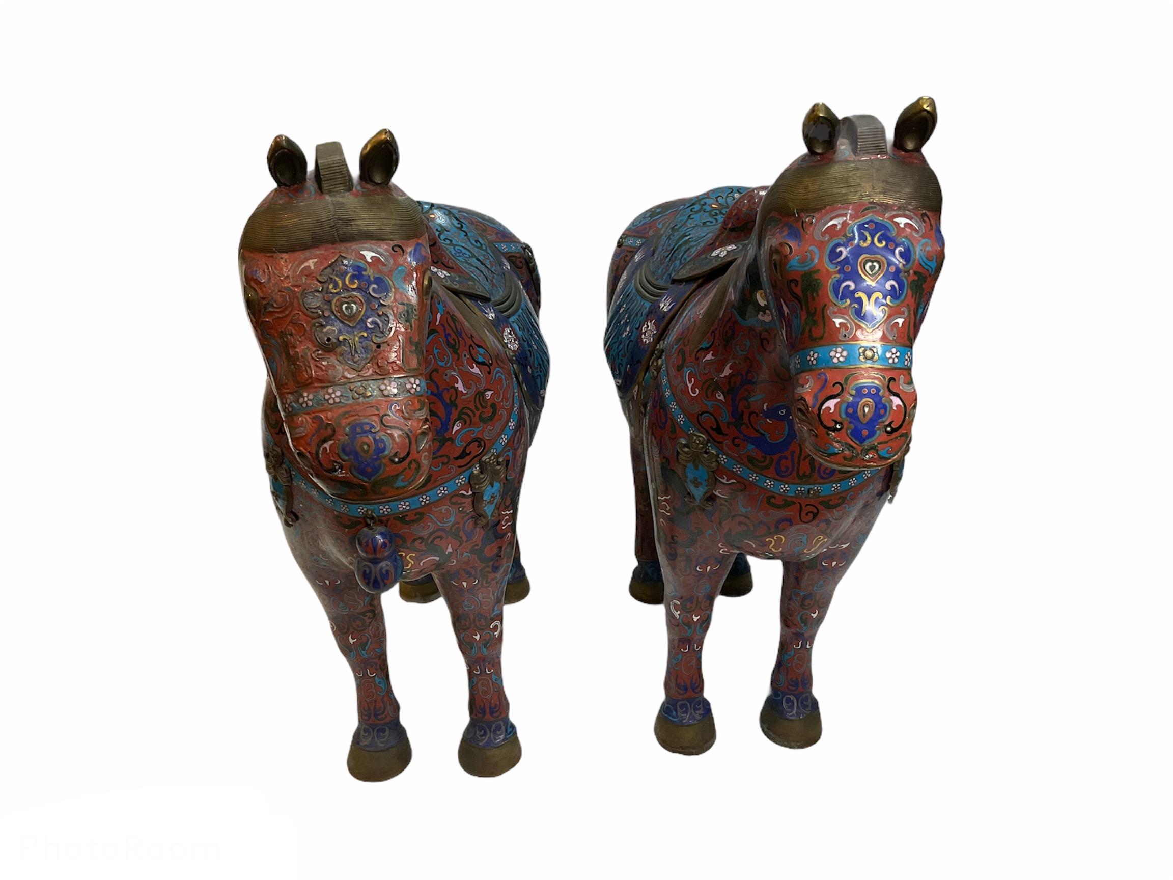 20th Century Pair of Chinese Polychromatic Enamel Cloisonné Brass Horse Sculptures