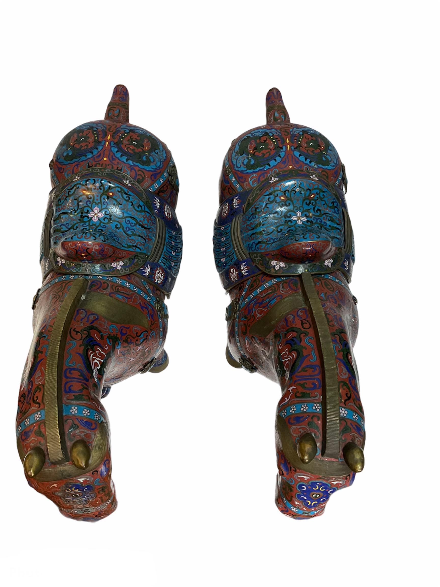 Metal Pair of Chinese Polychromatic Enamel Cloisonné Brass Horse Sculptures