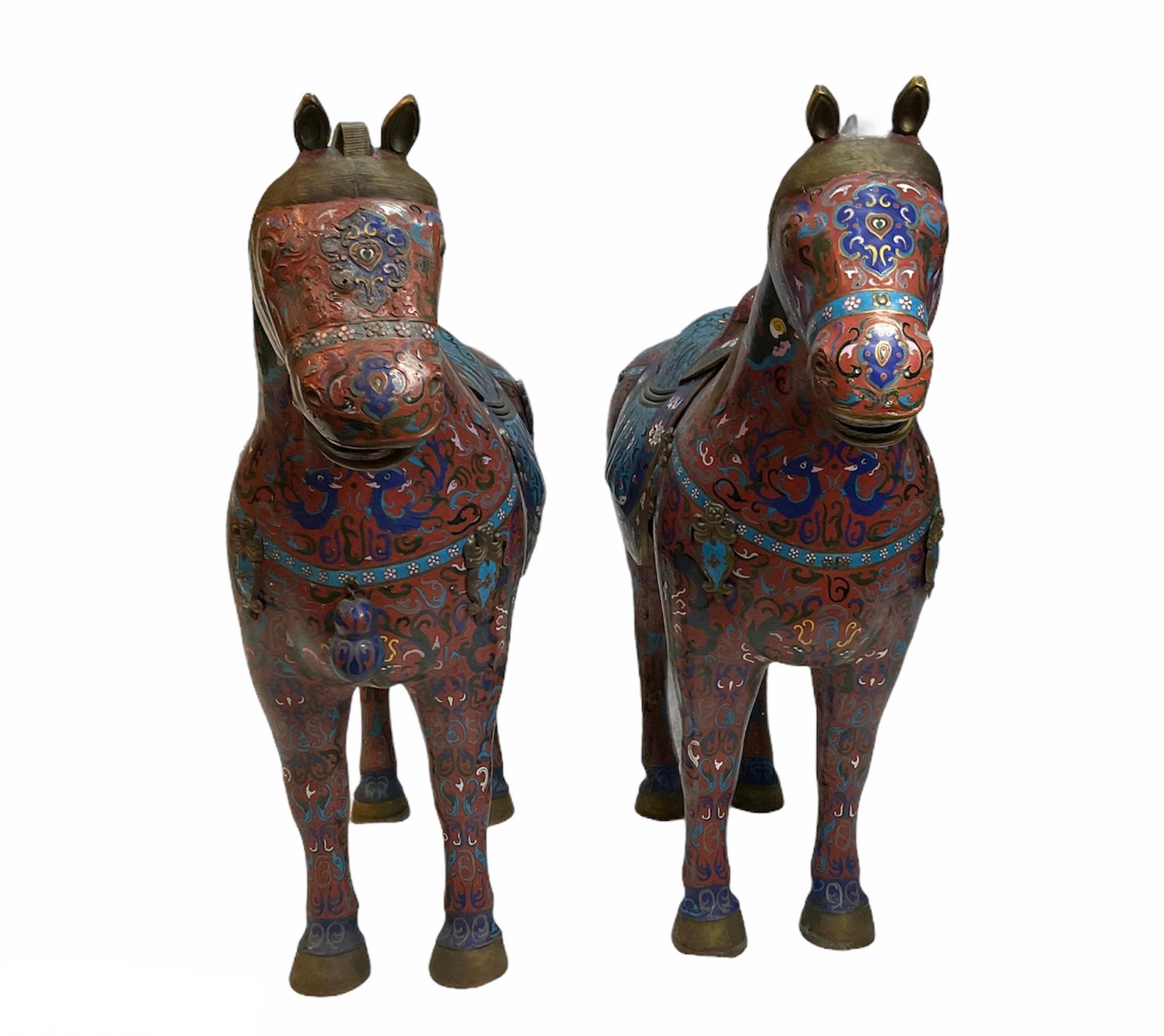 Pair of Chinese Polychromatic Enamel Cloisonné Brass Horse Sculptures 2